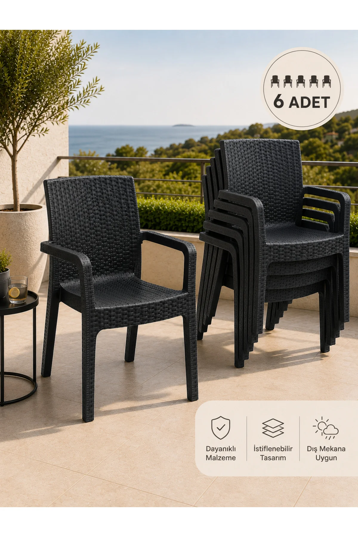 Veyra Rattan Kollu Plastik Bahçe & Balkon Sandalyesi | Dayanıklı, Geniş Oturum - 6 ADET - Antrasit