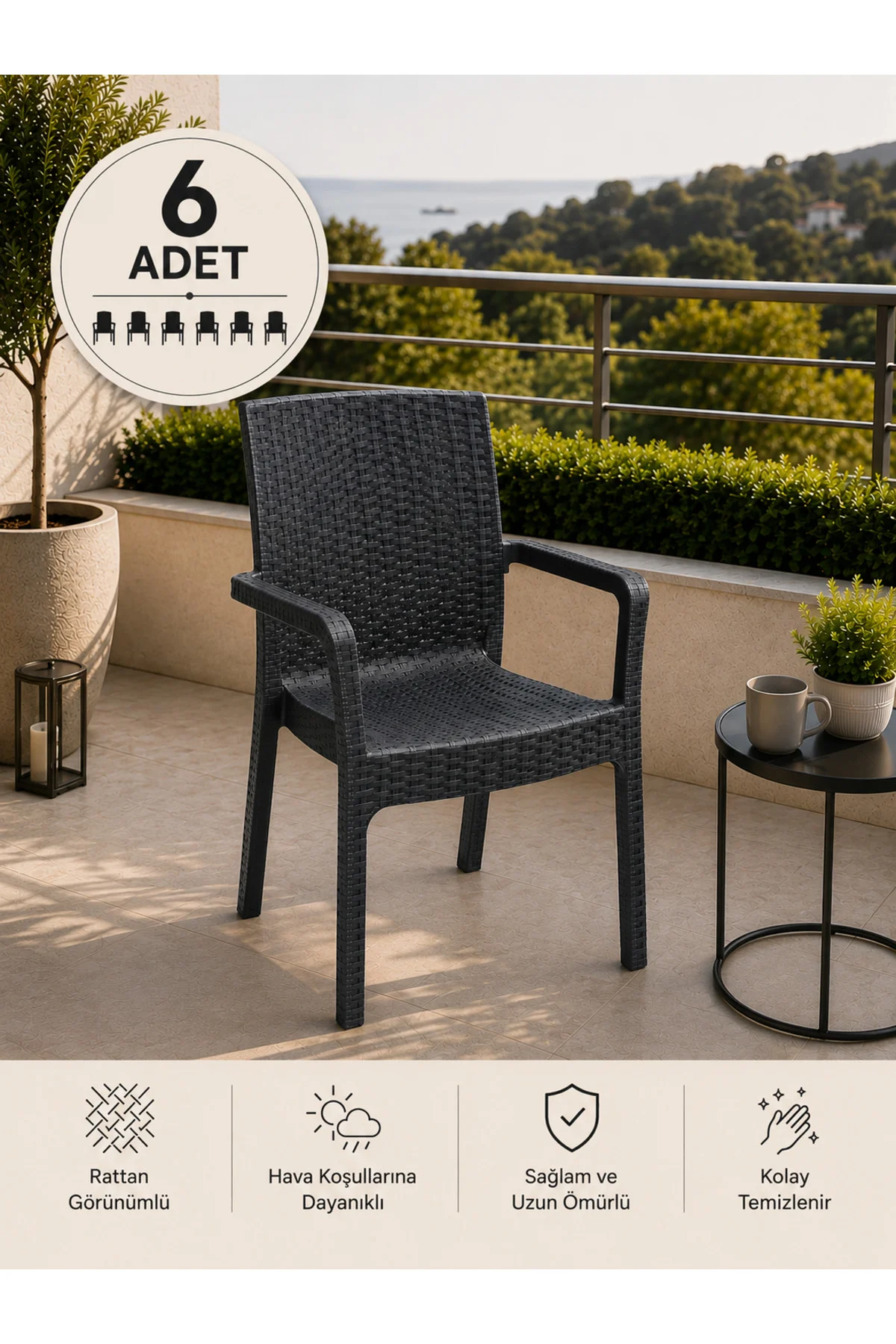Veyra Rattan Kollu Plastik Bahçe & Balkon Sandalyesi | Dayanıklı, Geniş Oturum - 6 ADET - Antrasit 2