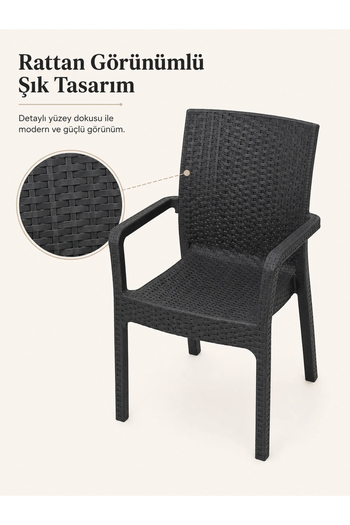 Veyra Rattan Kollu Plastik Bahçe & Balkon Sandalyesi | Dayanıklı, Geniş Oturum - 6 ADET - Antrasit 5