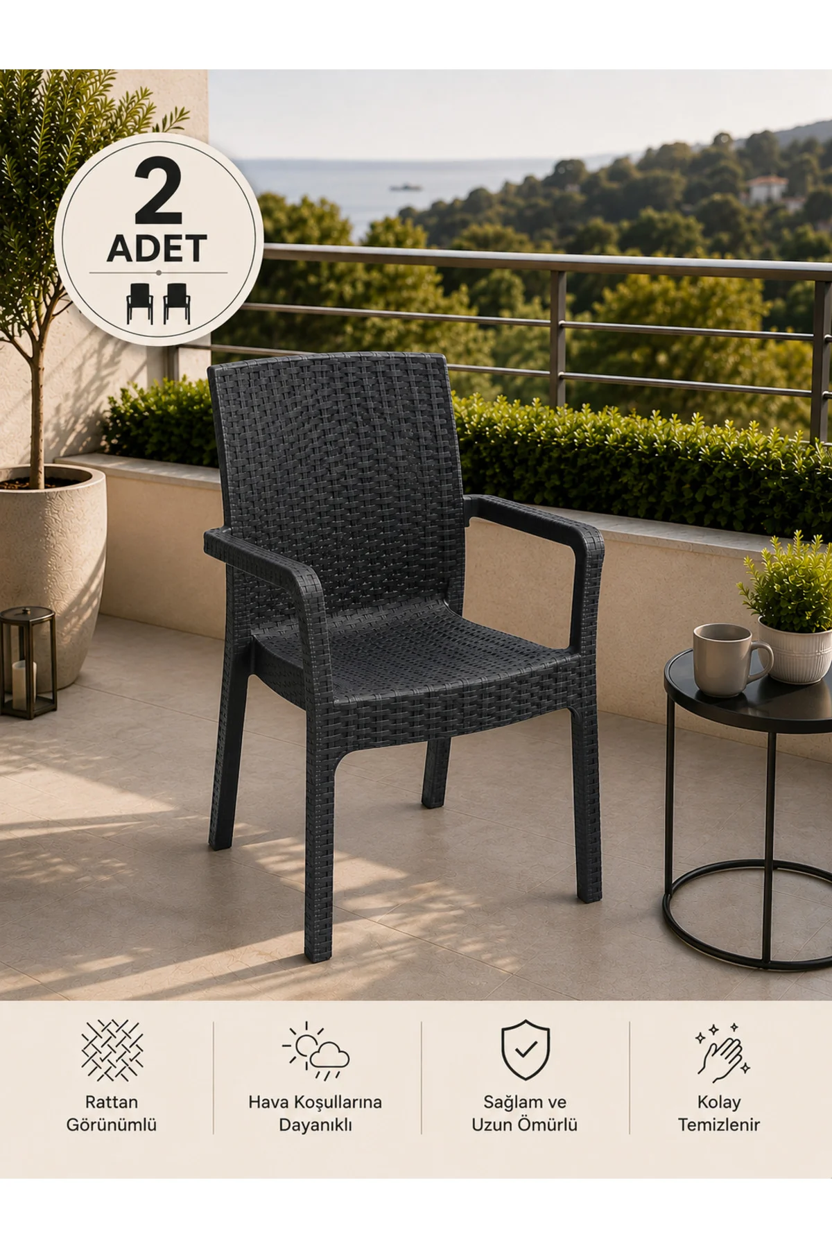 Veyra Rattan Kollu Plastik Bahçe & Balkon Sandalyesi | Dayanıklı, Geniş Oturum - 2 ADET - Antrasit