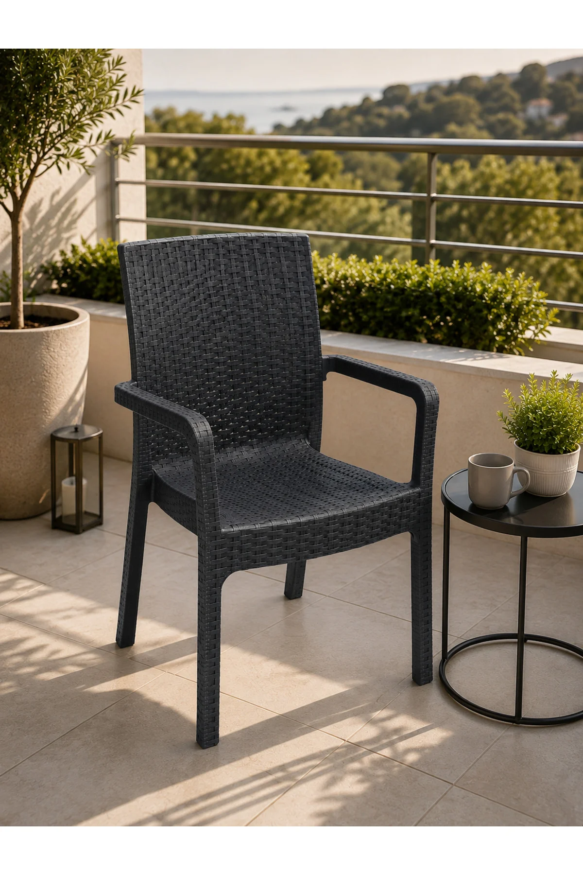 Veyra Rattan Kollu Plastik Bahçe & Balkon Sandalyesi | Dayanıklı, Geniş Oturum - 2 ADET - Antrasit 2