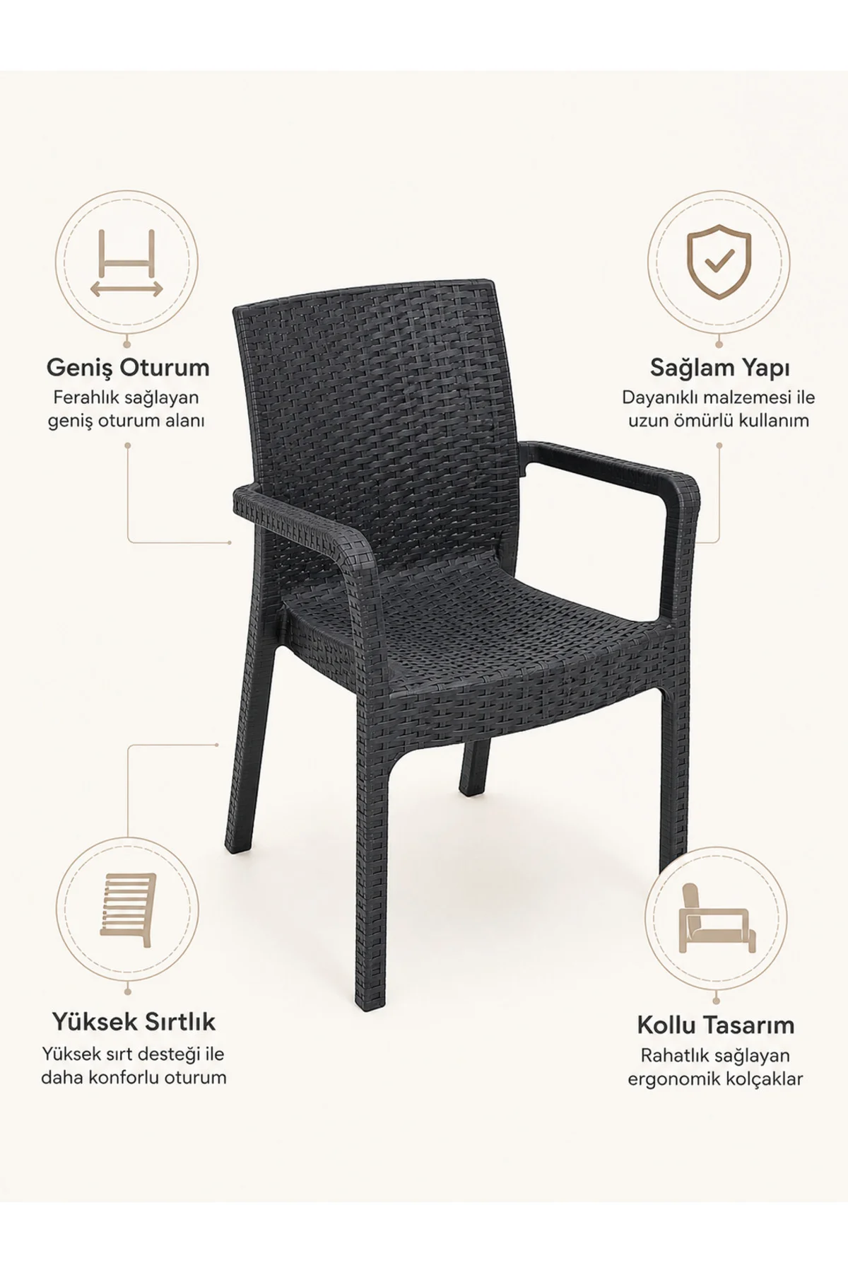 Veyra Rattan Kollu Plastik Bahçe & Balkon Sandalyesi | Dayanıklı, Geniş Oturum - 2 ADET - Antrasit 4