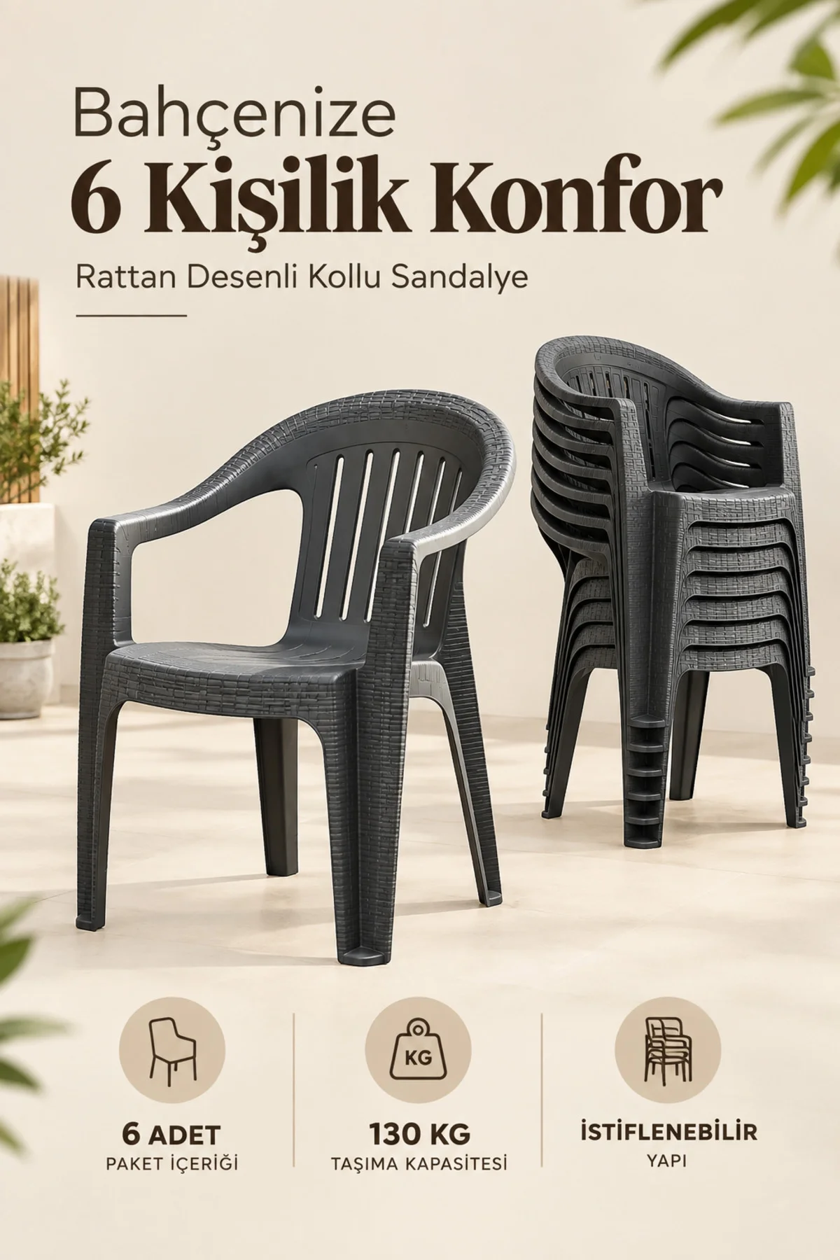 Rattan Desenli Kollu Plastik Bahçe & Balkon Sandalyesi | 6 Adet - Antrasit