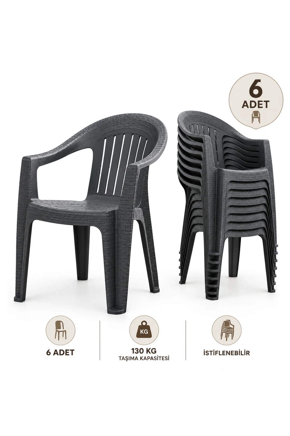 Rattan Desenli Kollu Plastik Bahçe & Balkon Sandalyesi | 6 Adet - Antrasit 2
