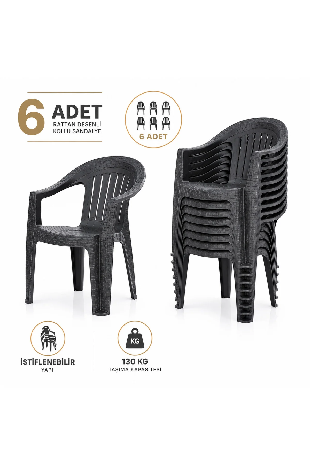 Rattan Desenli Kollu Plastik Bahçe & Balkon Sandalyesi | 6 Adet - Antrasit 3