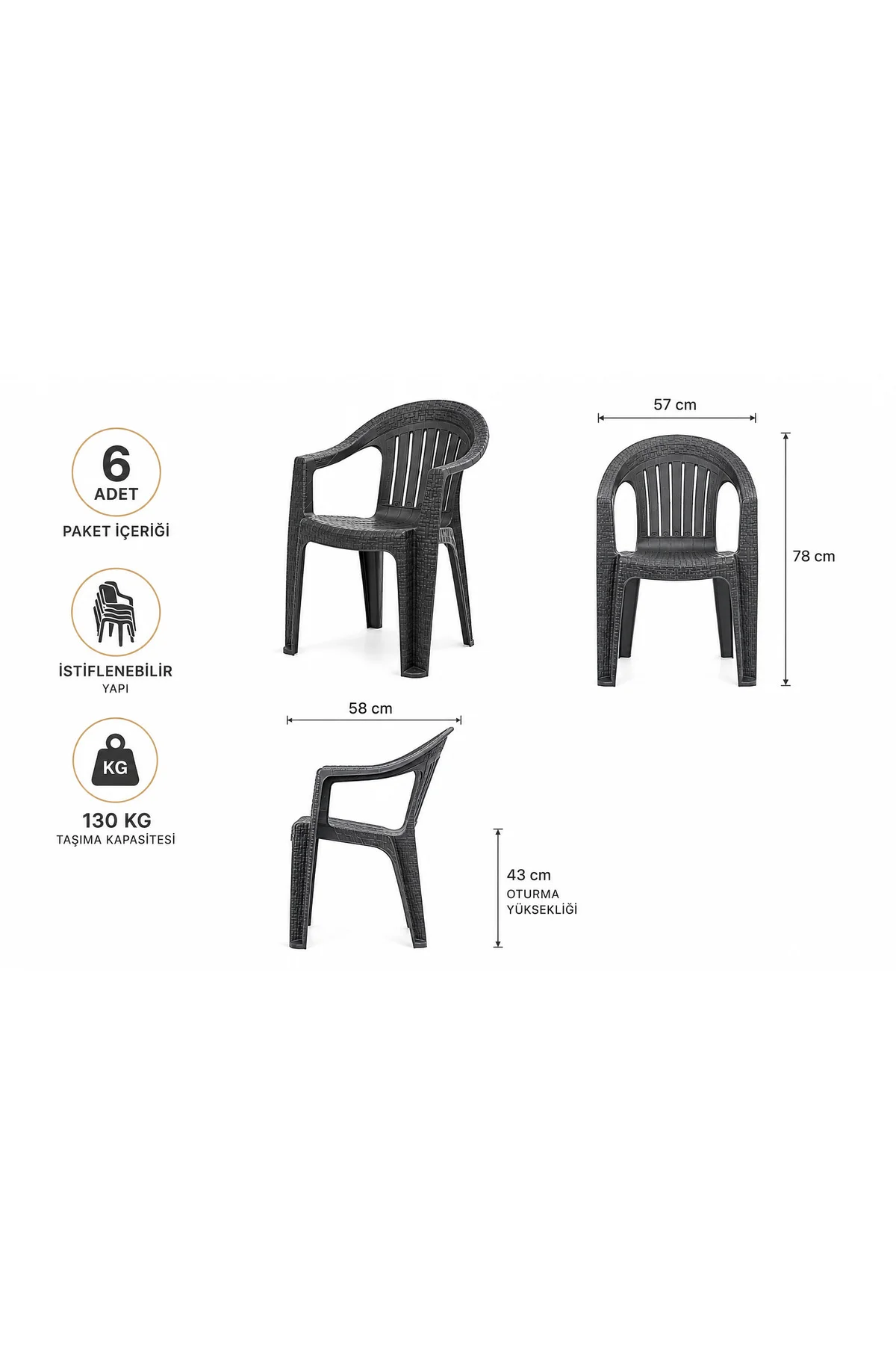 Rattan Desenli Kollu Plastik Bahçe & Balkon Sandalyesi | 6 Adet - Antrasit 5