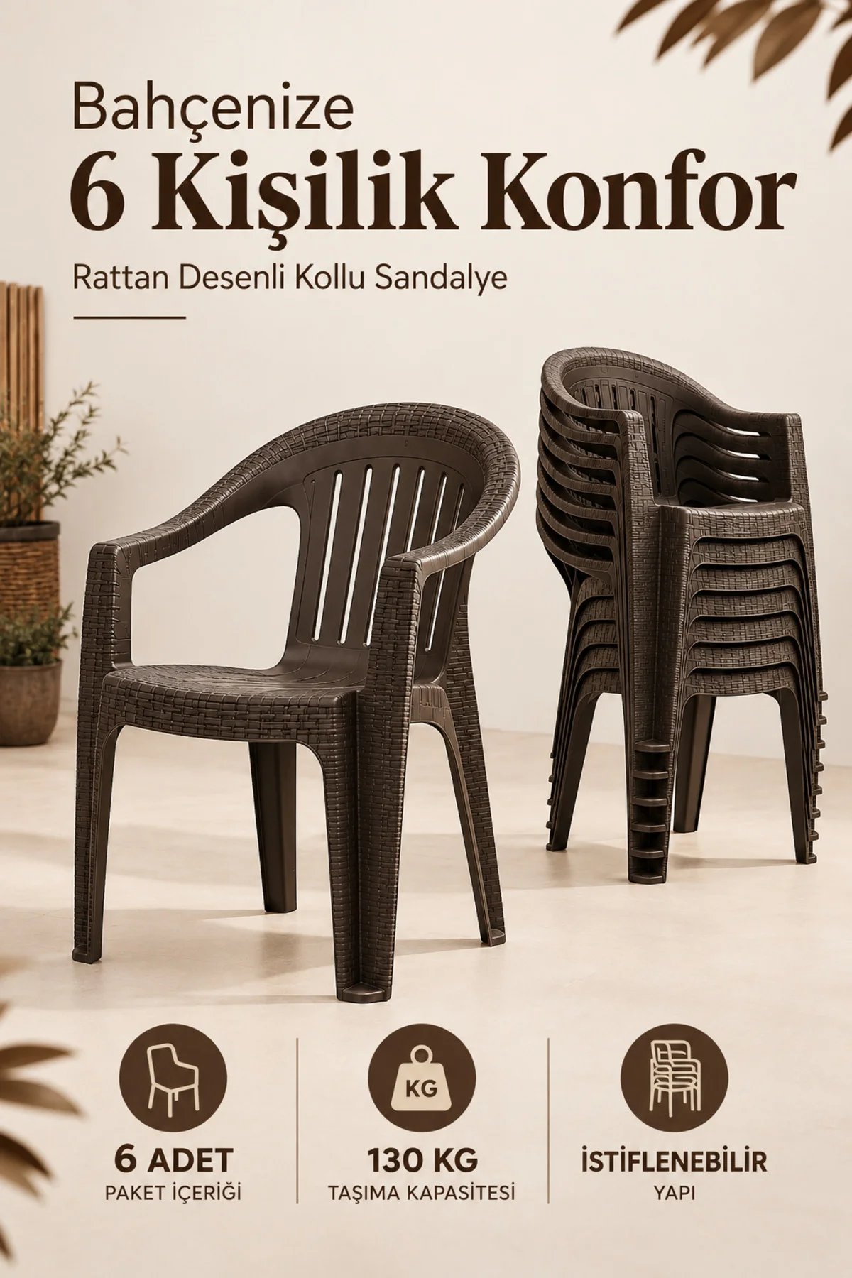 Rattan Desenli Kollu Plastik Bahçe & Balkon Sandalyesi | 6 Adet - Kahverengi