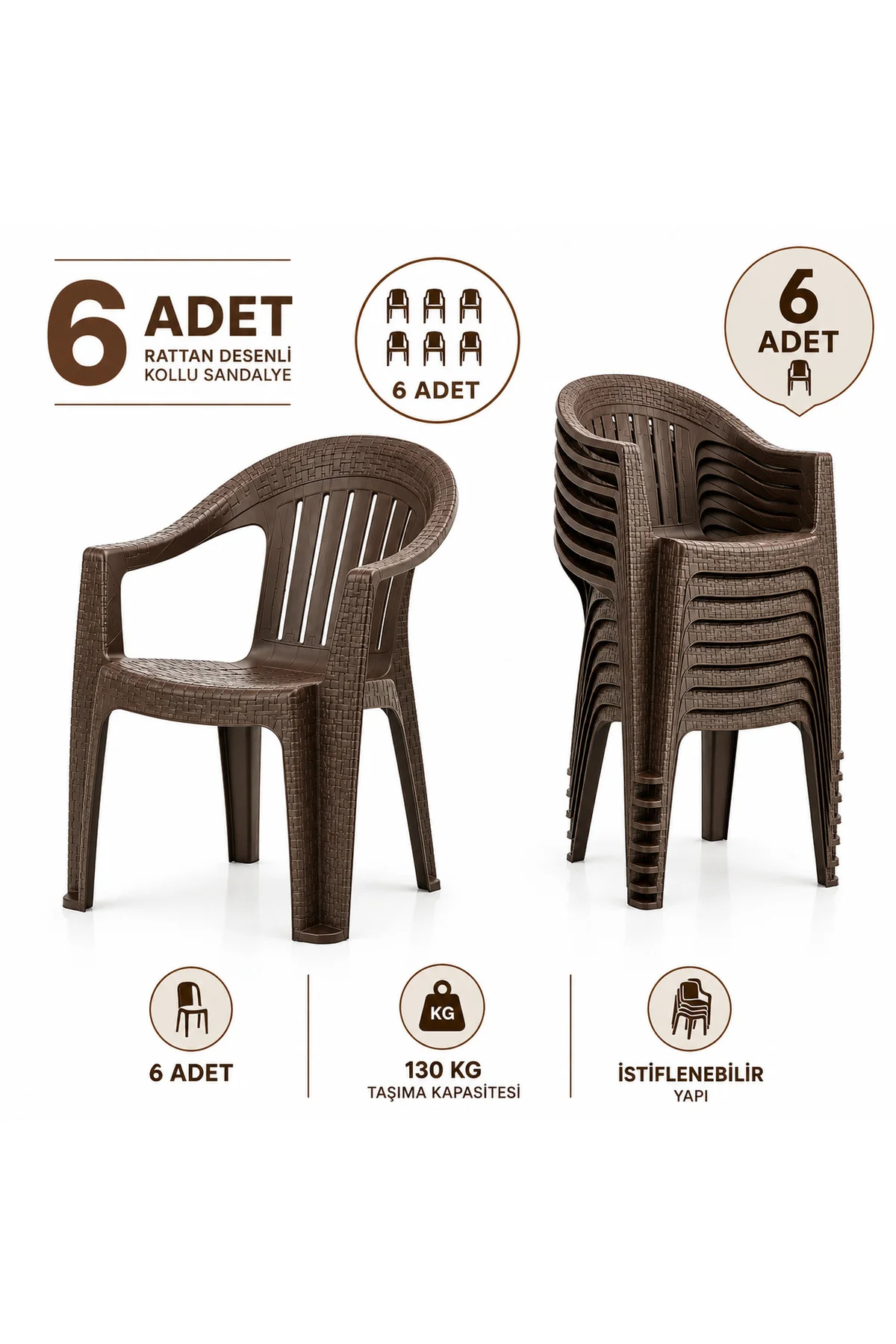 Rattan Desenli Kollu Plastik Bahçe & Balkon Sandalyesi | 6 Adet - Kahverengi 2