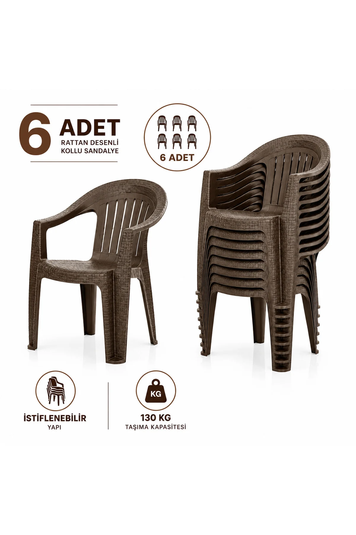 Rattan Desenli Kollu Plastik Bahçe & Balkon Sandalyesi | 6 Adet - Kahverengi 3
