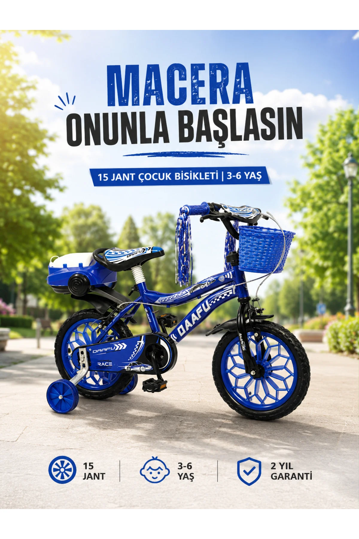 Race Blue Premium 15 Jant Çocuk Bisikleti | Sepetli, Zilli, Yan Destek Tekerli | 3-6 Yaş - Lacivert