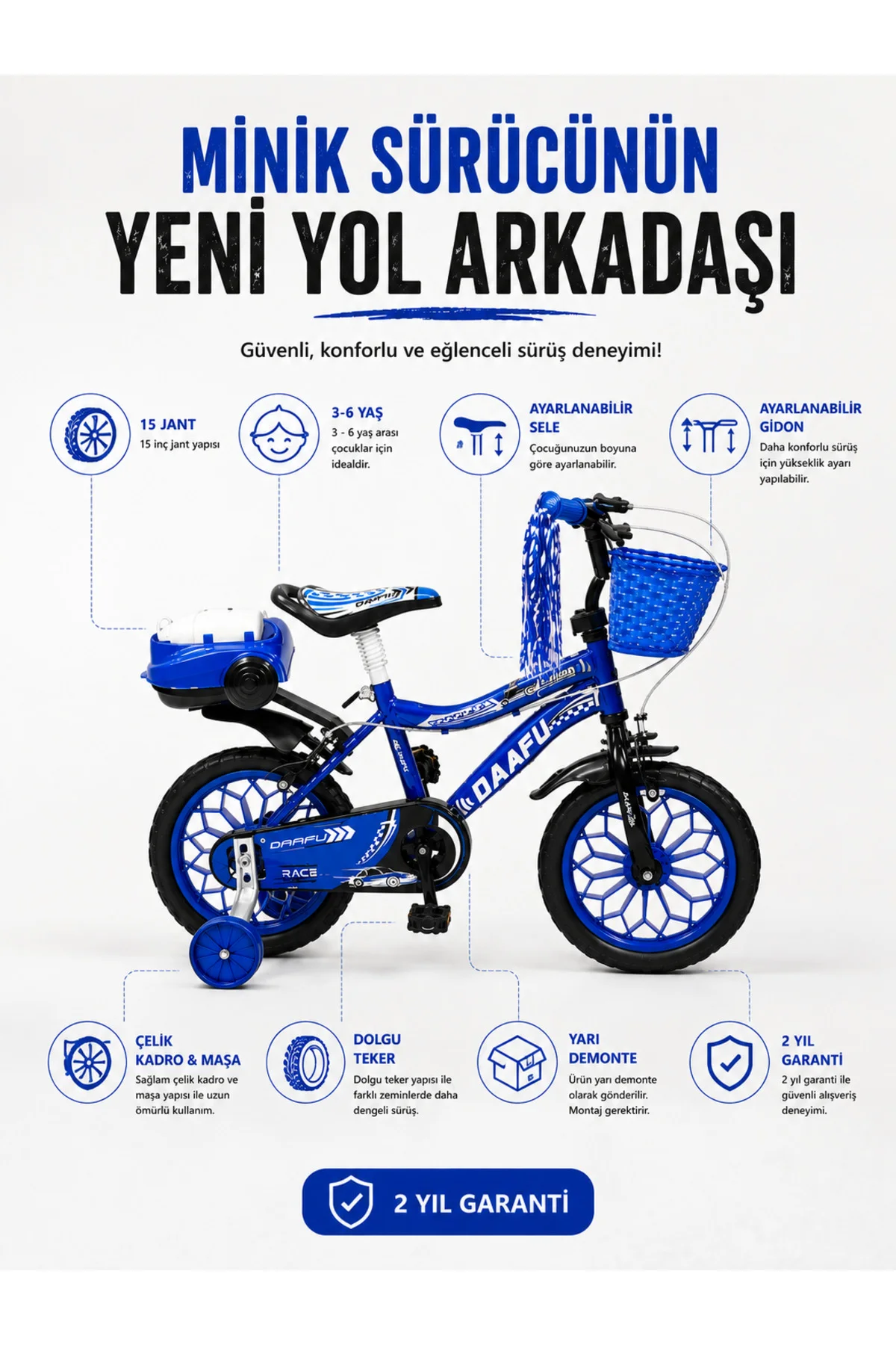 Race Blue Premium 15 Jant Çocuk Bisikleti | Sepetli, Zilli, Yan Destek Tekerli | 3-6 Yaş - Lacivert 7