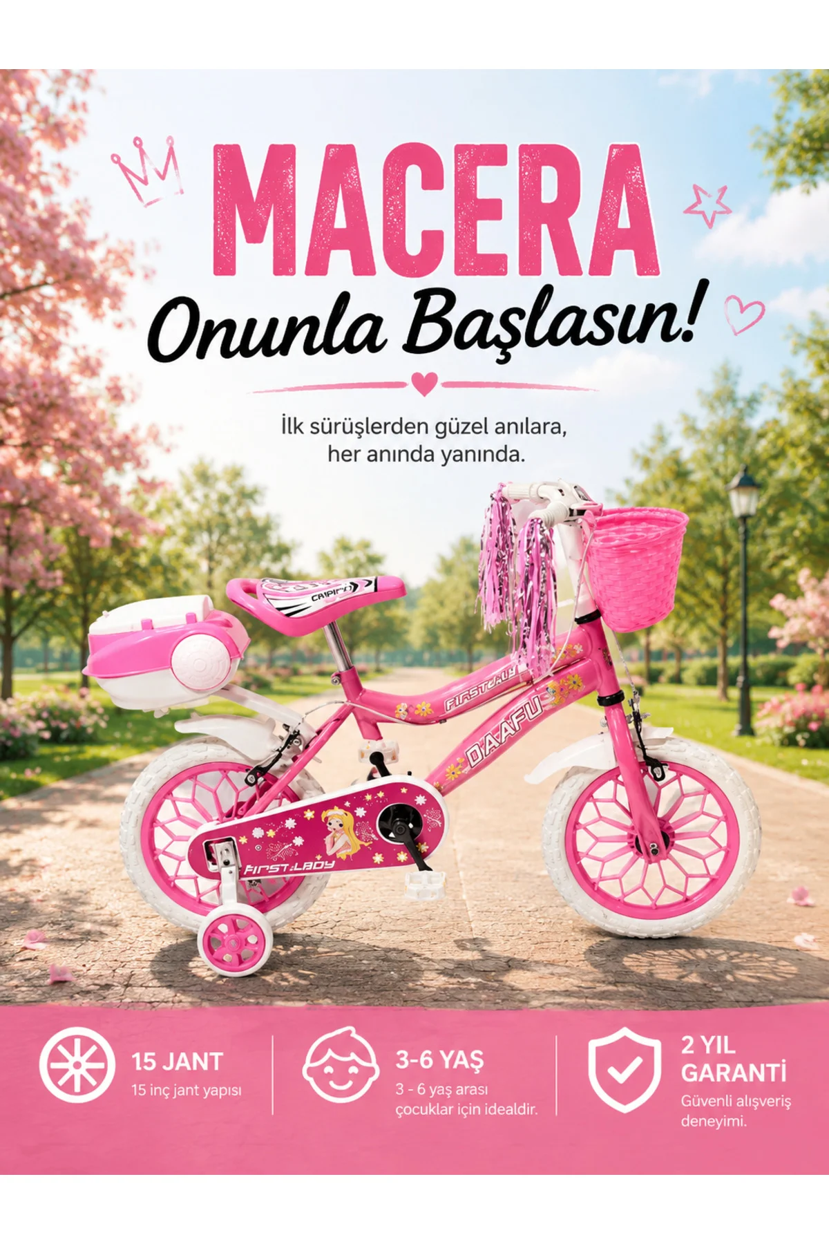 First Lady Premium 15 Jant Çocuk Bisikleti | Sepetli, Zilli, Yan Destek Tekerli | 3-6 Yaş - Pembe