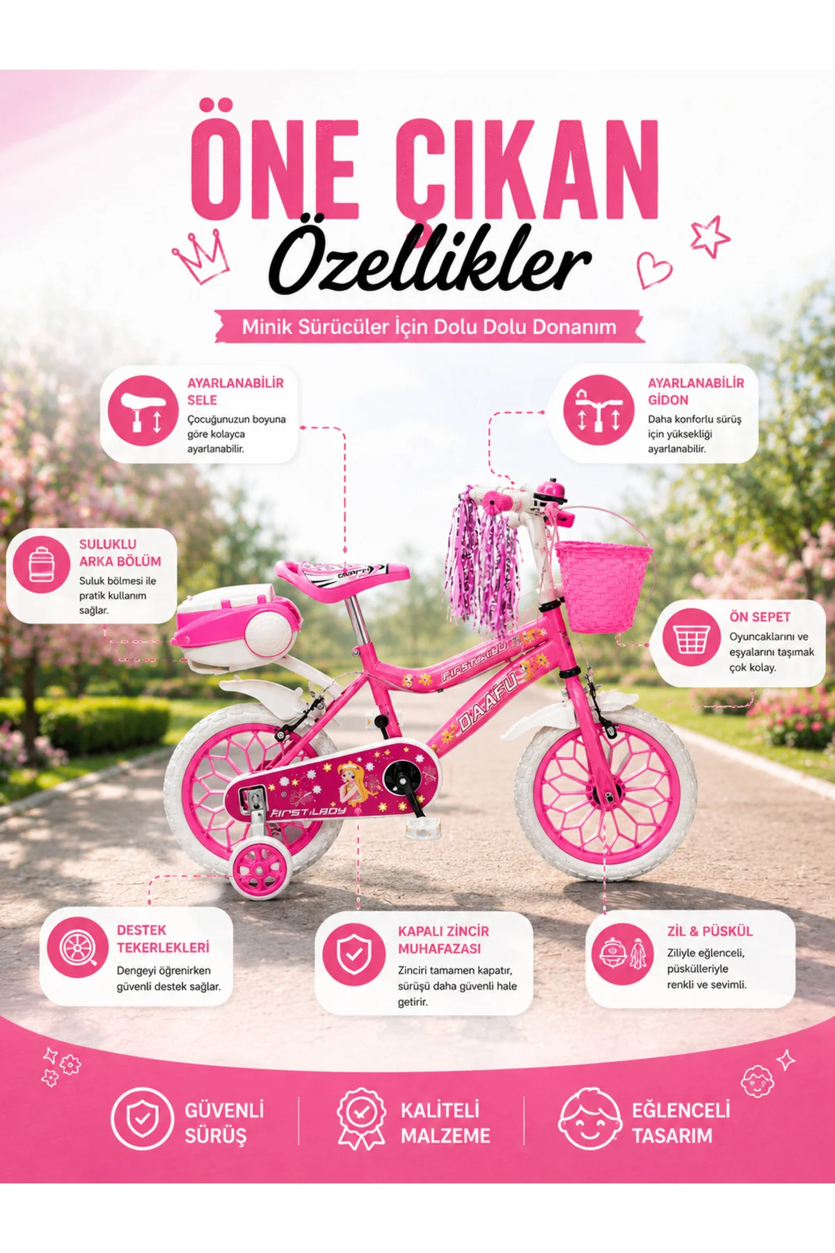 First Lady Premium 15 Jant Çocuk Bisikleti | Sepetli, Zilli, Yan Destek Tekerli | 3-6 Yaş - Pembe 2