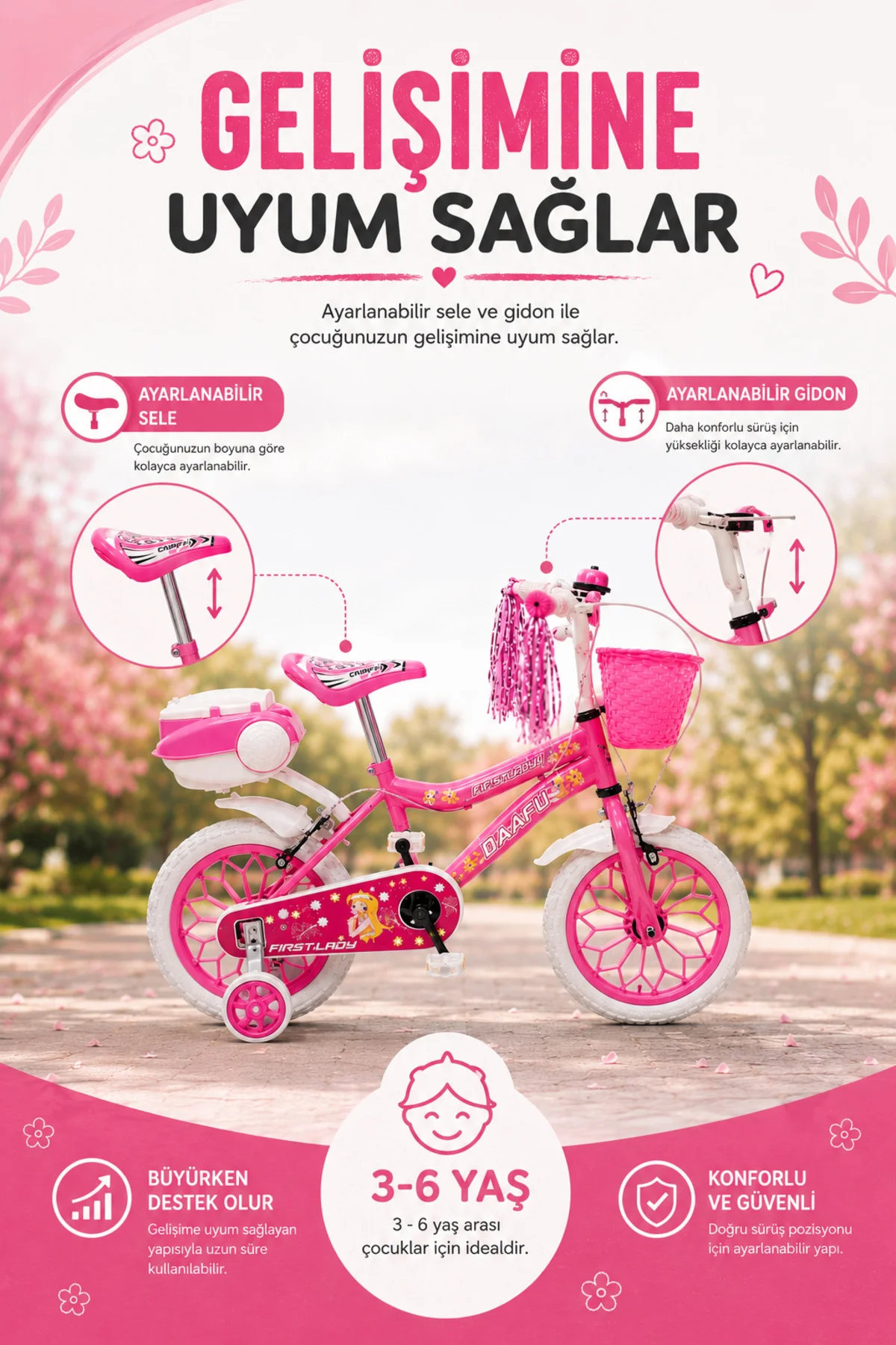 First Lady Premium 15 Jant Çocuk Bisikleti | Sepetli, Zilli, Yan Destek Tekerli | 3-6 Yaş - Pembe 3