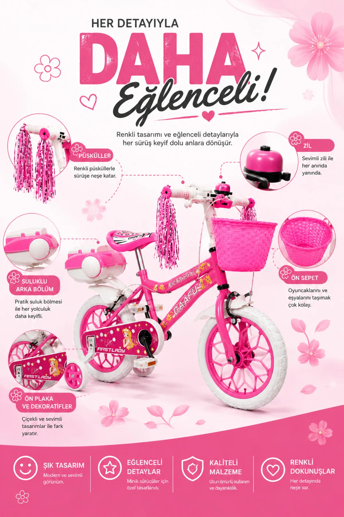 First Lady Premium 15 Jant Çocuk Bisikleti | Sepetli, Zilli, Yan Destek Tekerli | 3-6 Yaş - Pembe 4