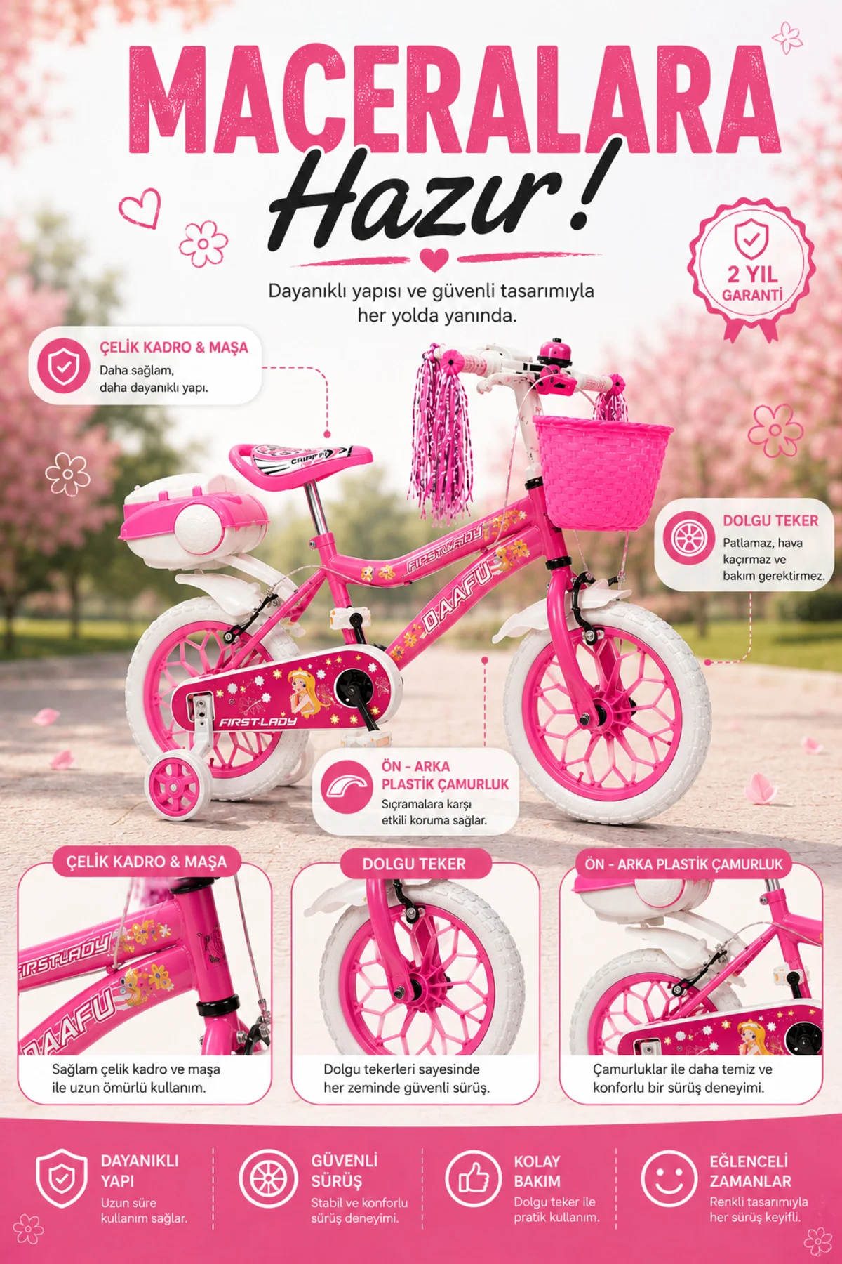First Lady Premium 15 Jant Çocuk Bisikleti | Sepetli, Zilli, Yan Destek Tekerli | 3-6 Yaş - Pembe 5