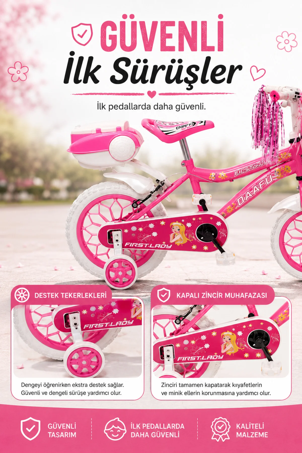 First Lady Premium 15 Jant Çocuk Bisikleti | Sepetli, Zilli, Yan Destek Tekerli | 3-6 Yaş - Pembe 6