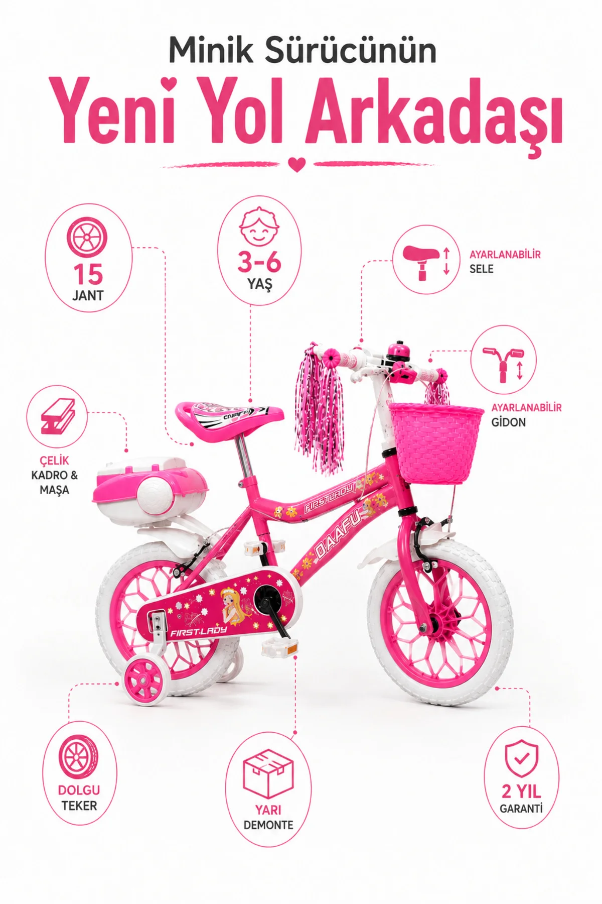 First Lady Premium 15 Jant Çocuk Bisikleti | Sepetli, Zilli, Yan Destek Tekerli | 3-6 Yaş - Pembe 7