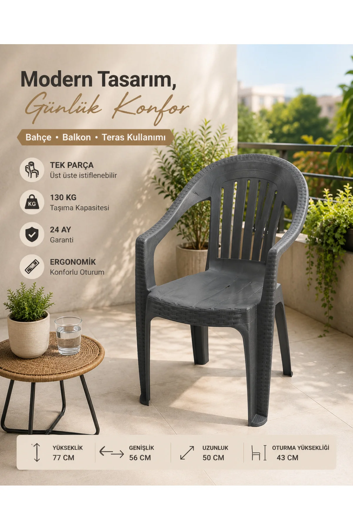 Rattan Desenli Kollu Sandalye | Bahçe & Balkon Sandalyesi - 2 ADET - Antrasit