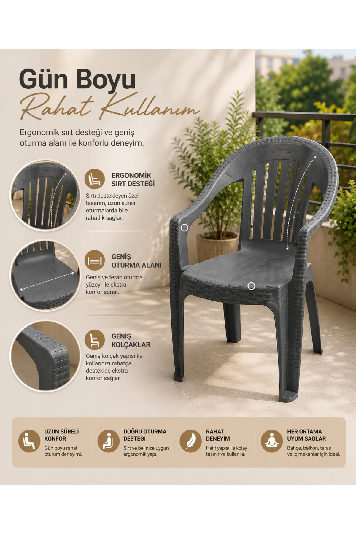 Rattan Desenli Kollu Sandalye | Bahçe & Balkon Sandalyesi - 2 ADET - Antrasit 3