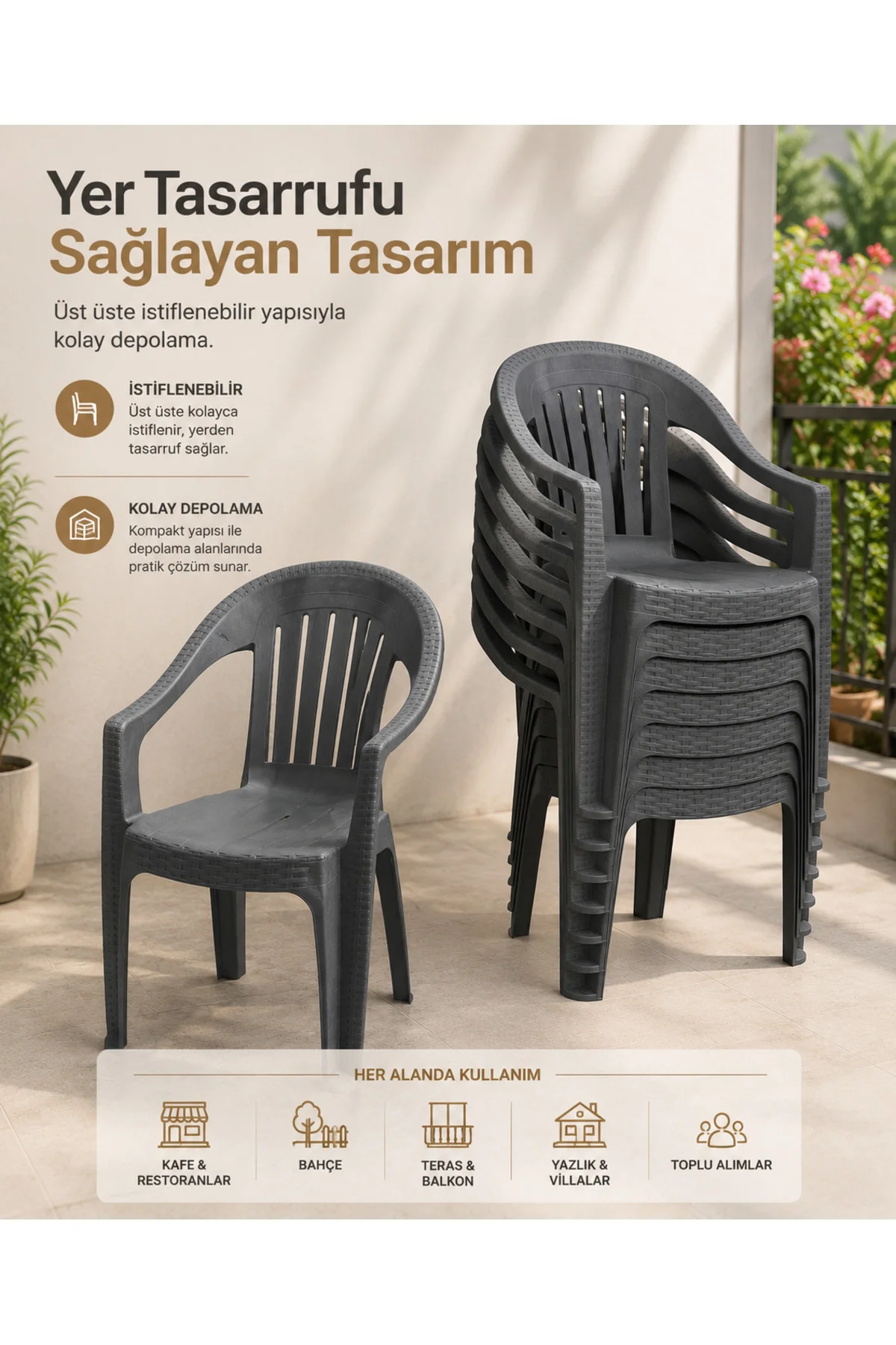 Rattan Desenli Kollu Sandalye | Bahçe & Balkon Sandalyesi - 2 ADET - Antrasit 4
