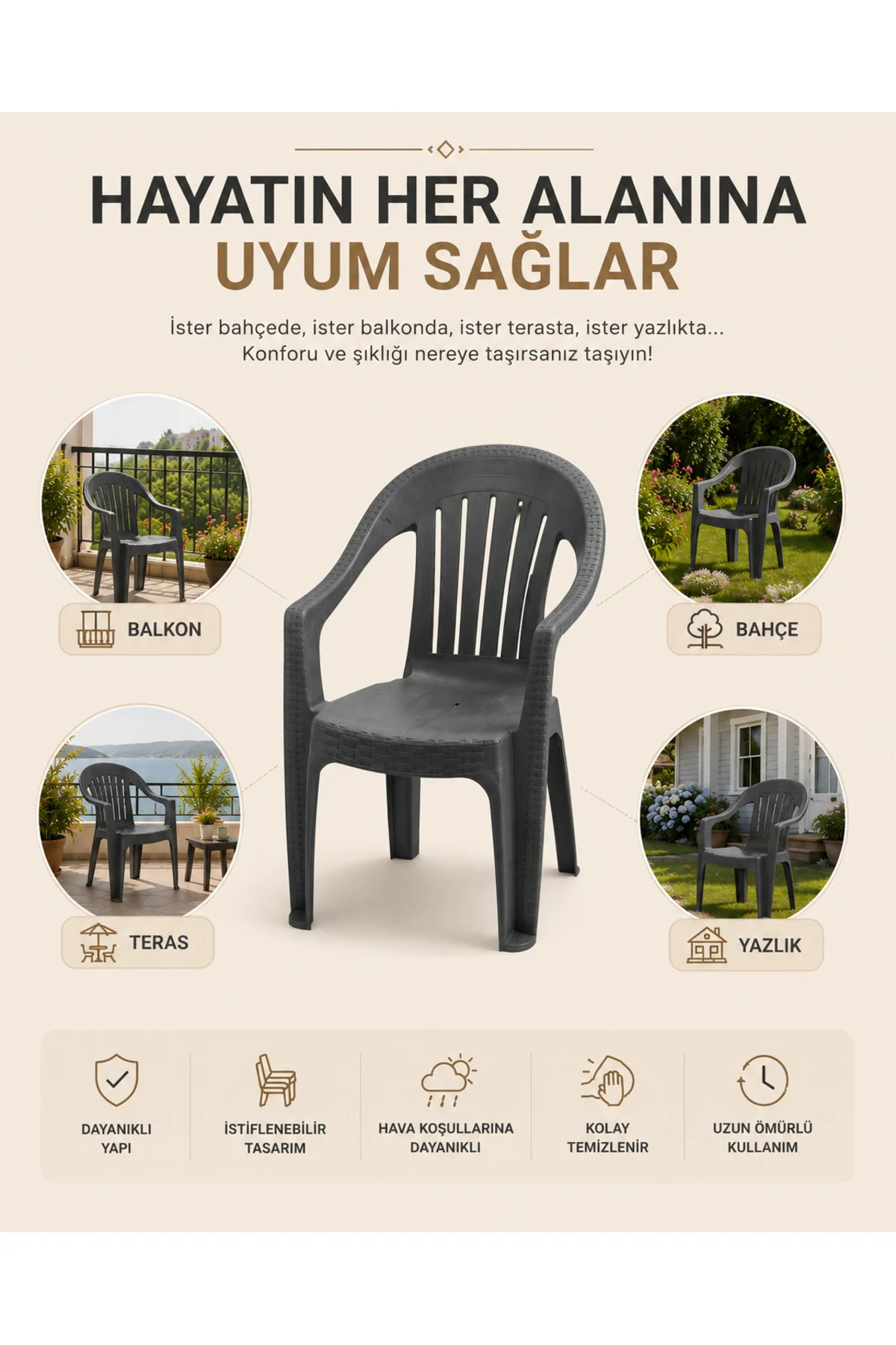 Rattan Desenli Kollu Sandalye | Bahçe & Balkon Sandalyesi - 2 ADET - Antrasit 5