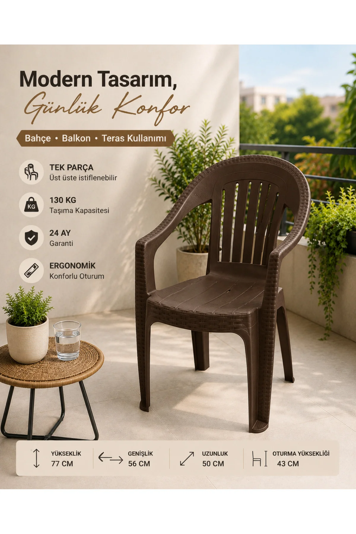 Rattan Desenli Kollu Sandalye | Bahçe & Balkon Sandalyesi - 2 ADET - Kahverengi