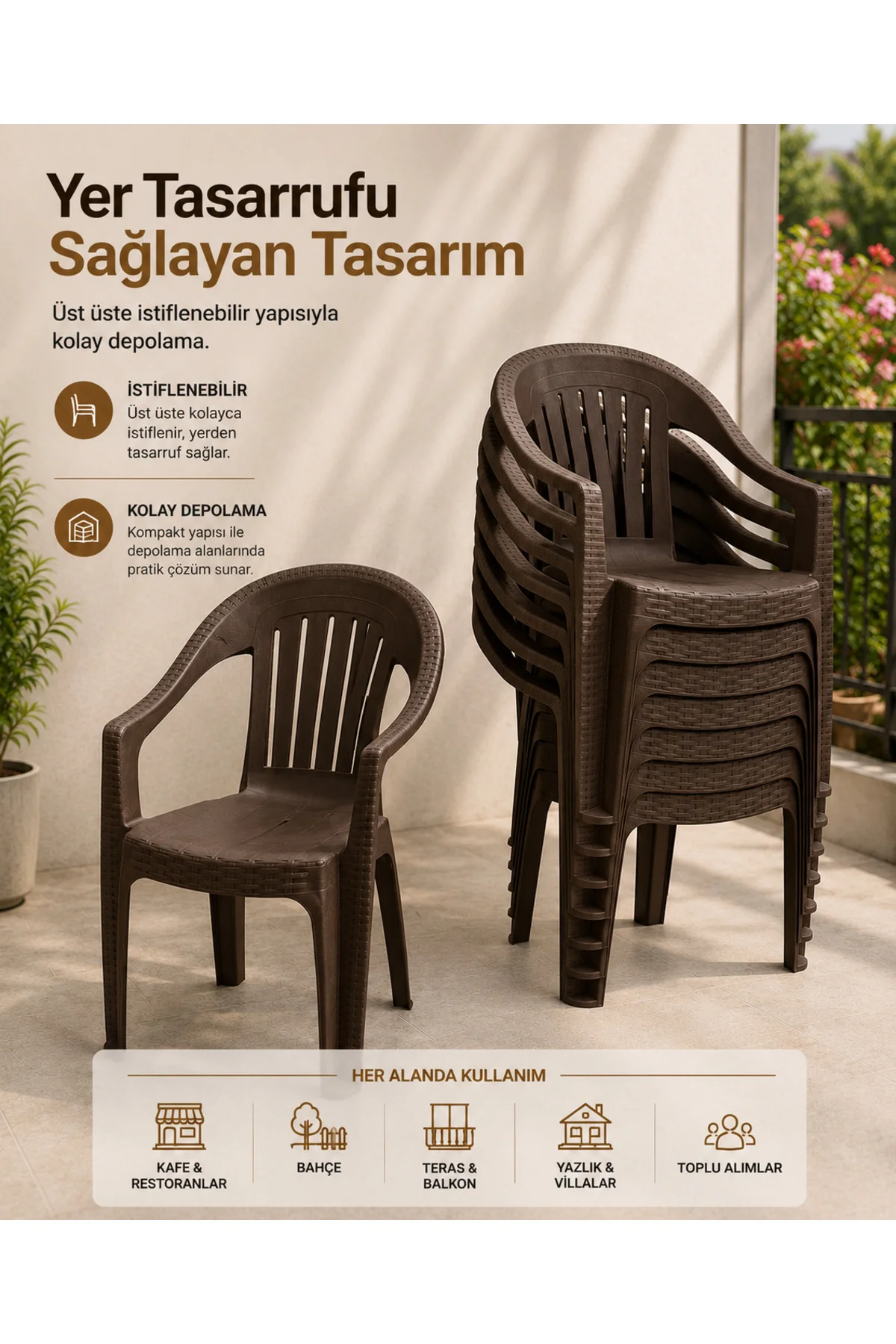 Rattan Desenli Kollu Sandalye | Bahçe & Balkon Sandalyesi - 2 ADET - Kahverengi 3