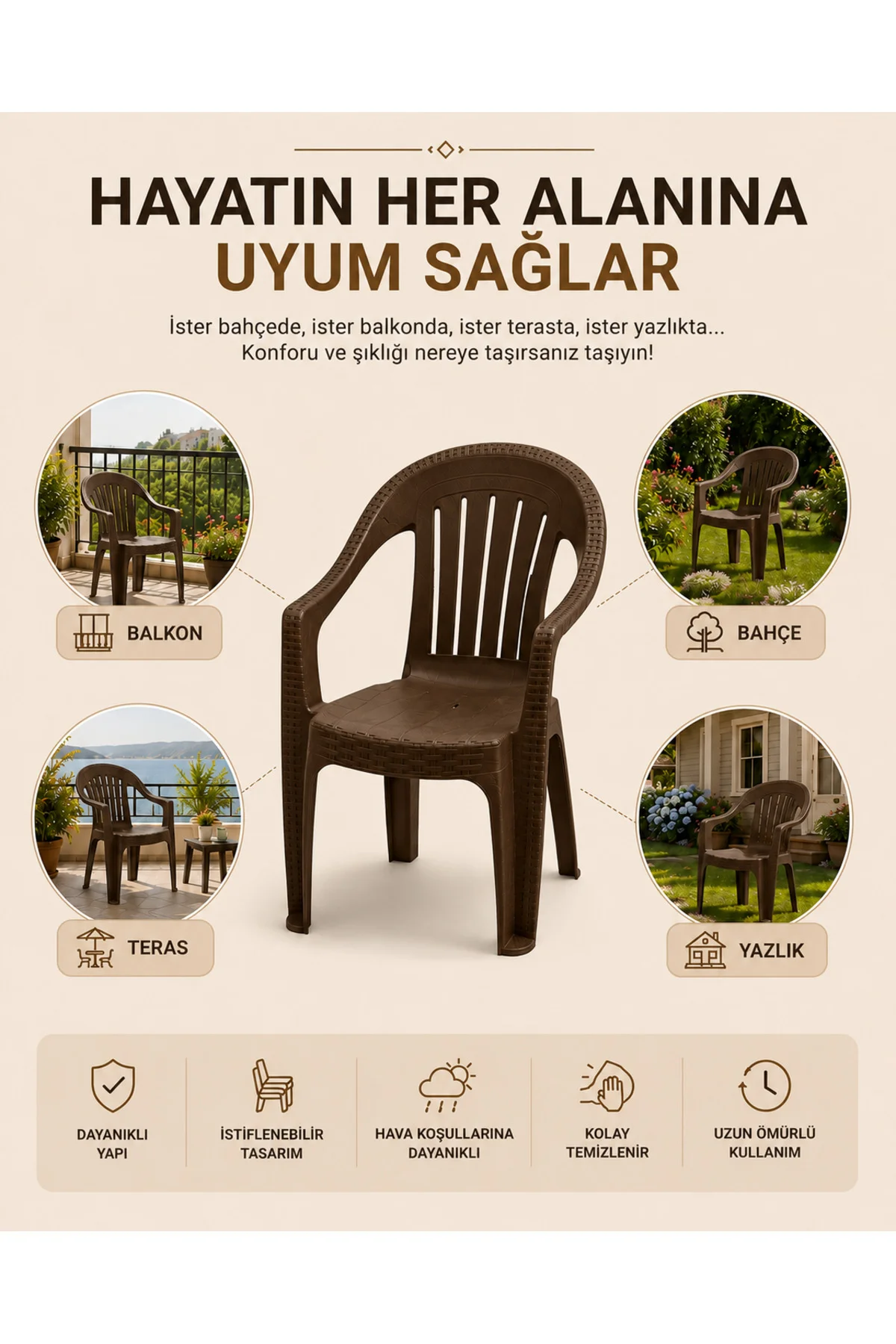 Rattan Desenli Kollu Sandalye | Bahçe & Balkon Sandalyesi - 2 ADET - Kahverengi 4