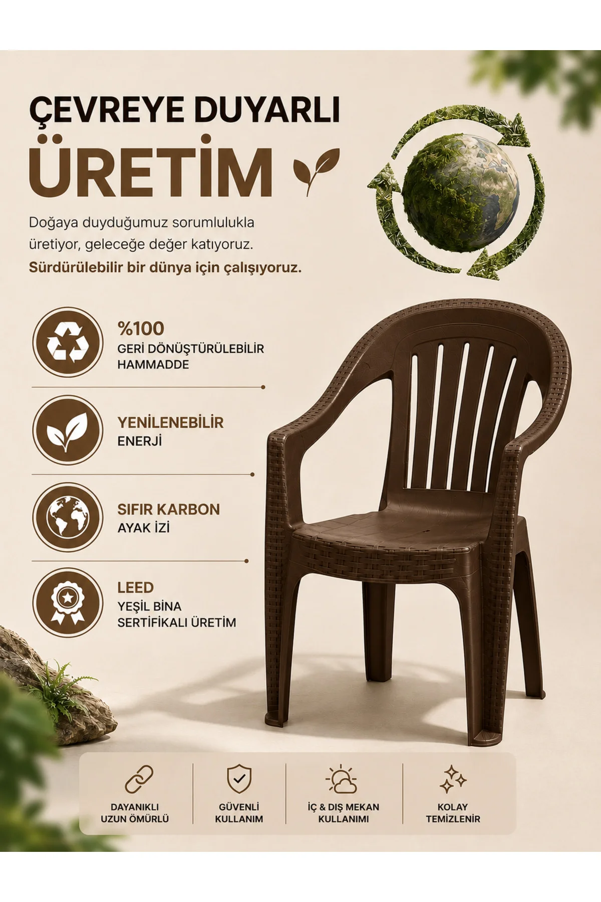 Rattan Desenli Kollu Sandalye | Bahçe & Balkon Sandalyesi - 2 ADET - Kahverengi 7