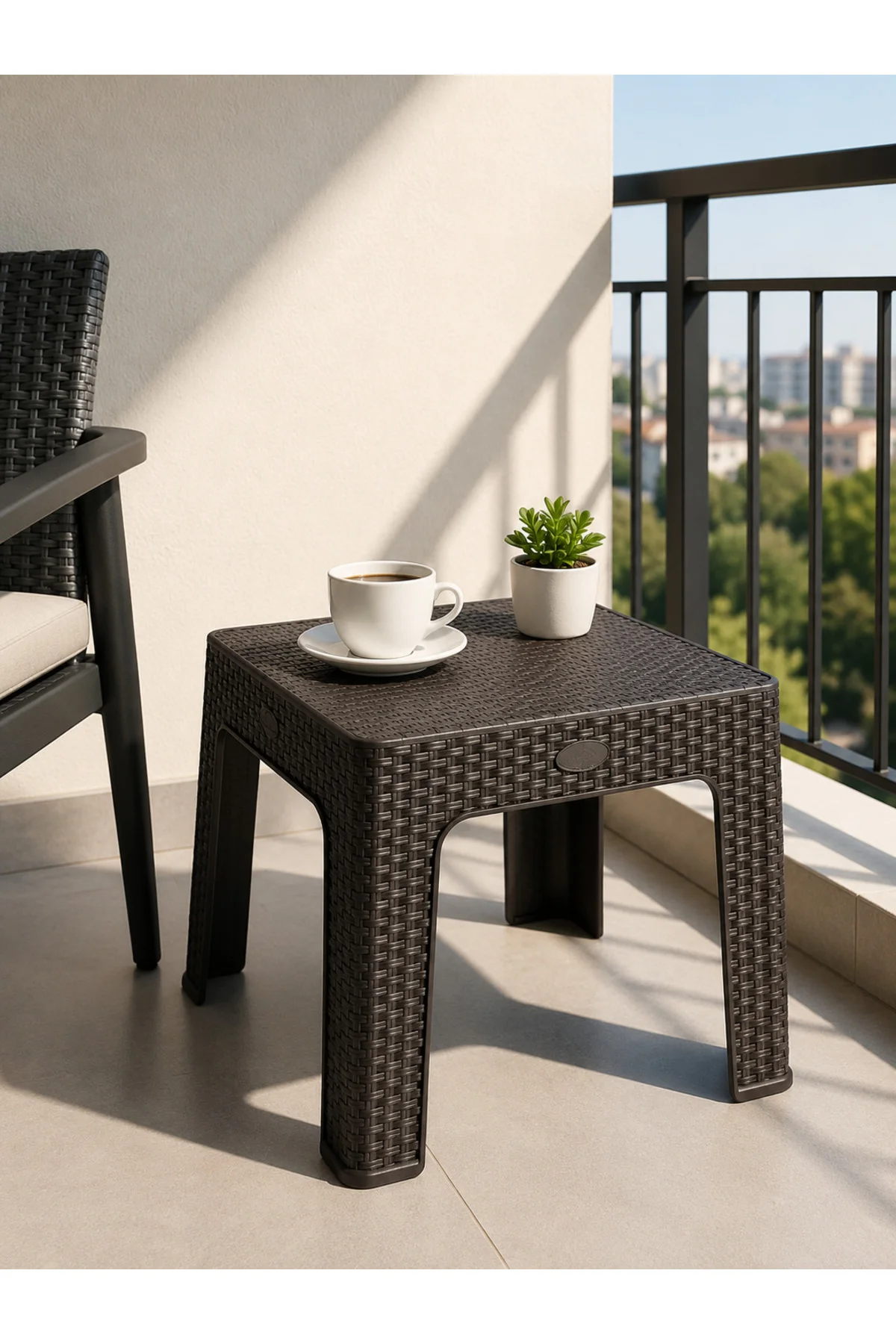 Rattan Desenli Pratik Yan Sehpa | Bahçe, Balkon, Şezlong ve Teras Sehpası 44x44x41 CM - Kahverengi
