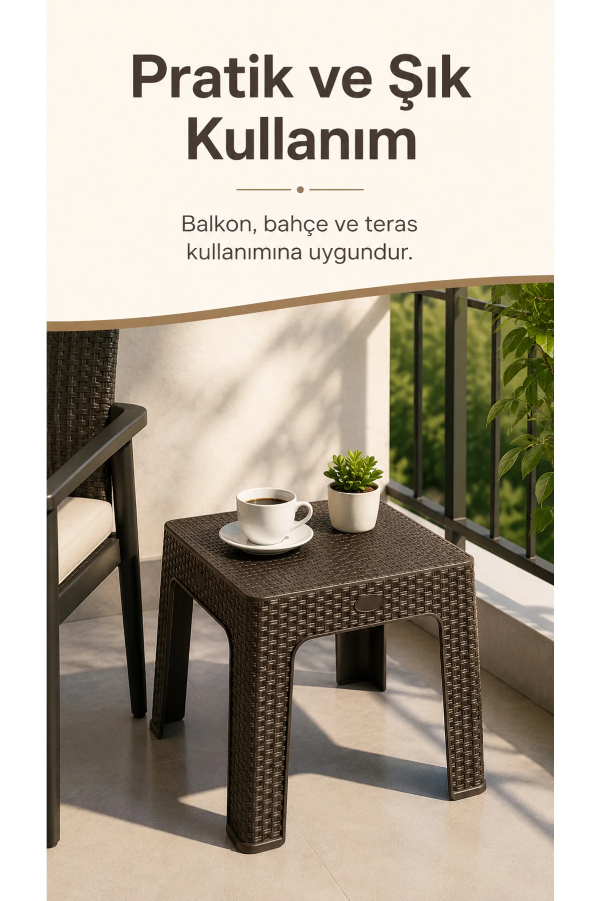 Rattan Desenli Pratik Yan Sehpa | Bahçe, Balkon, Şezlong ve Teras Sehpası 44x44x41 CM - Kahverengi 2