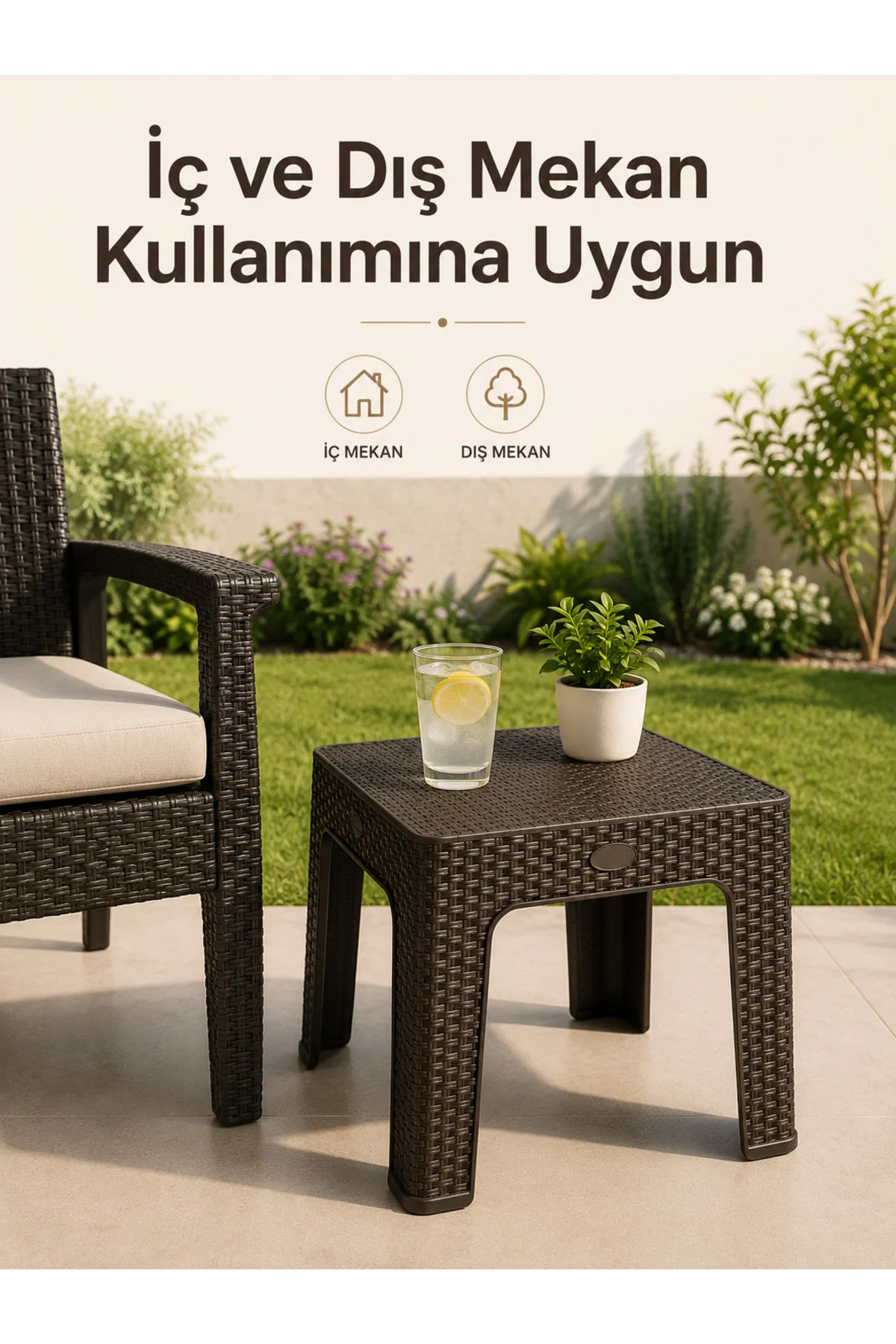 Rattan Desenli Pratik Yan Sehpa | Bahçe, Balkon, Şezlong ve Teras Sehpası 44x44x41 CM - Kahverengi 3