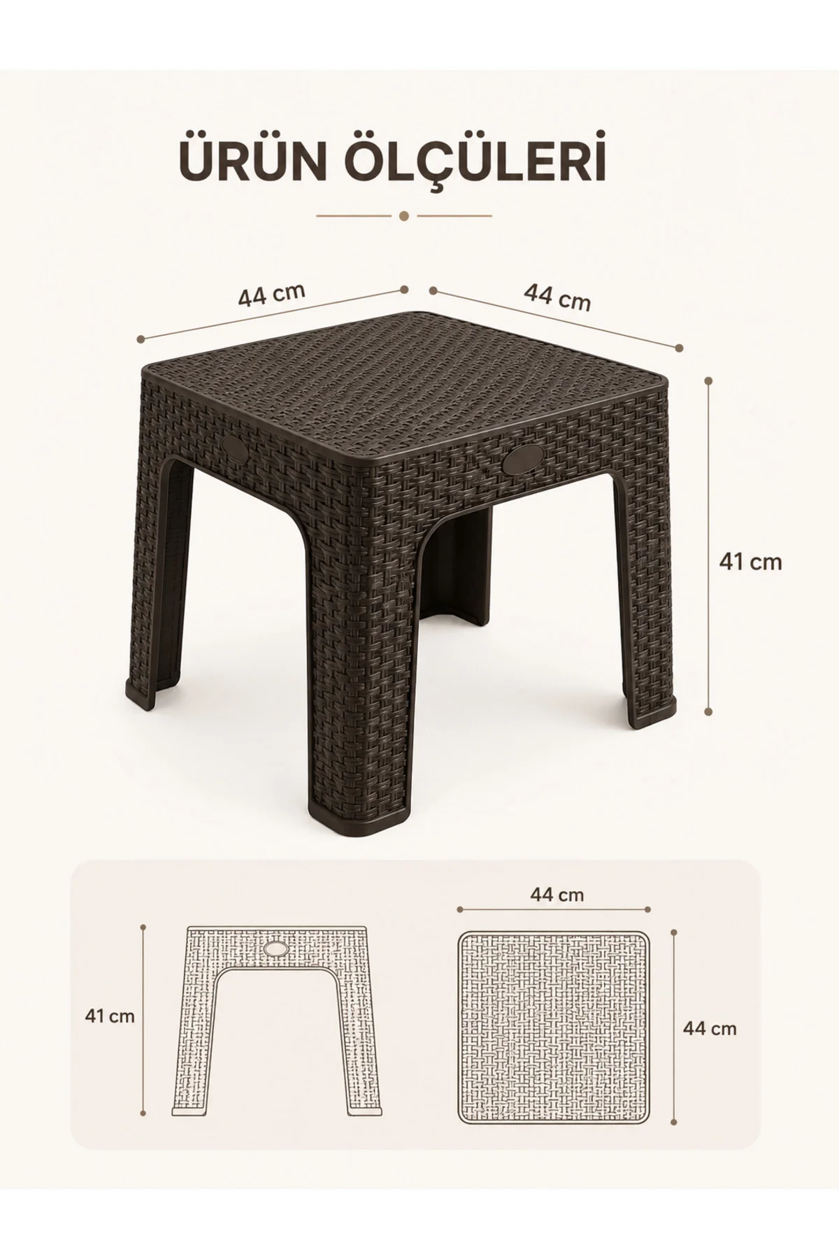 Rattan Desenli Pratik Yan Sehpa | Bahçe, Balkon, Şezlong ve Teras Sehpası 44x44x41 CM - Kahverengi 7