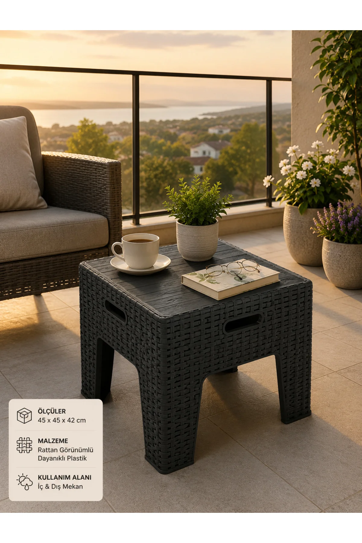 Rattan Desenli Dayanıklı Yan Sehpa | Bahçe, Balkon, Şezlong Sehpası 45x45x42 CM - Antrasit