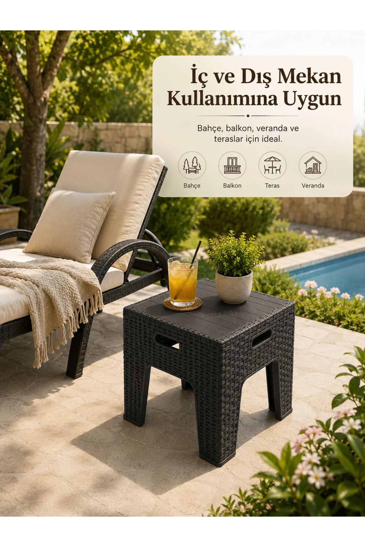 Rattan Desenli Dayanıklı Yan Sehpa | Bahçe, Balkon, Şezlong Sehpası 45x45x42 CM - Antrasit 2