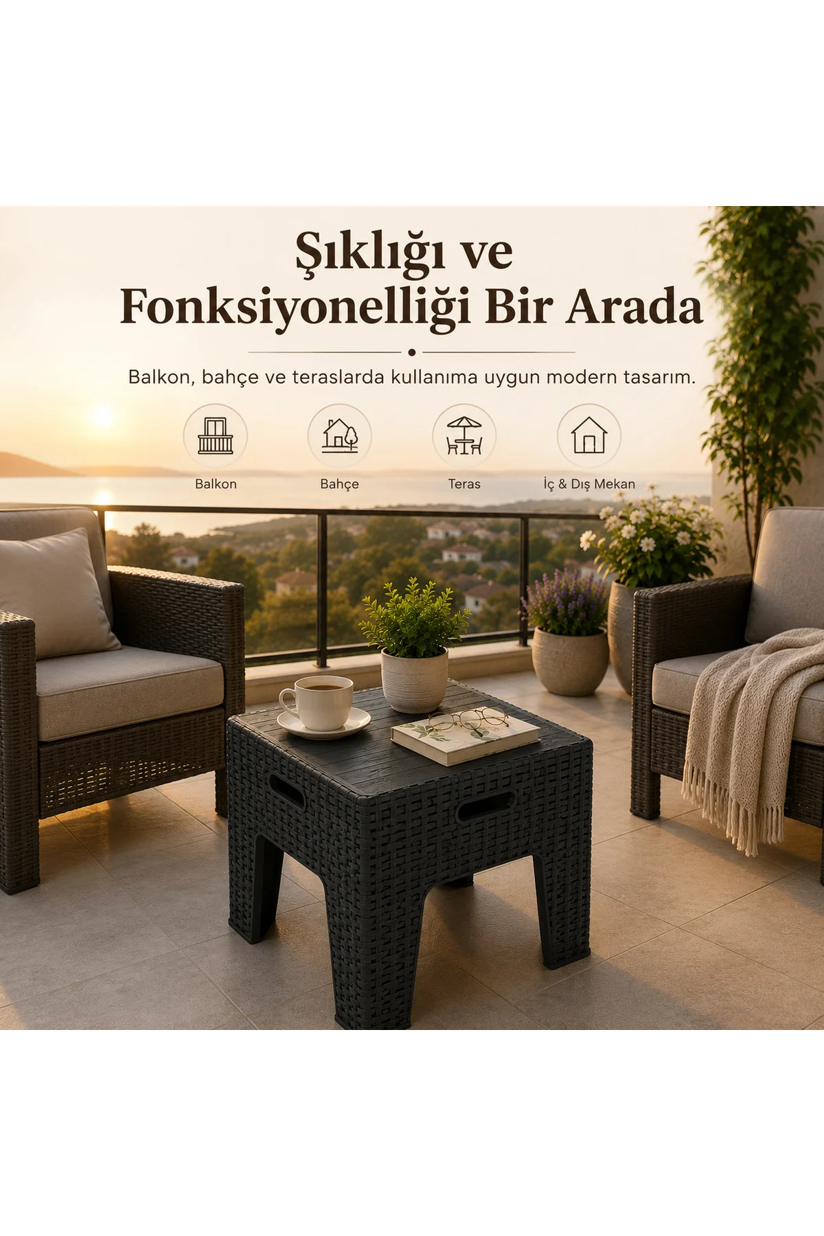 Rattan Desenli Dayanıklı Yan Sehpa | Bahçe, Balkon, Şezlong Sehpası 45x45x42 CM - Antrasit 3