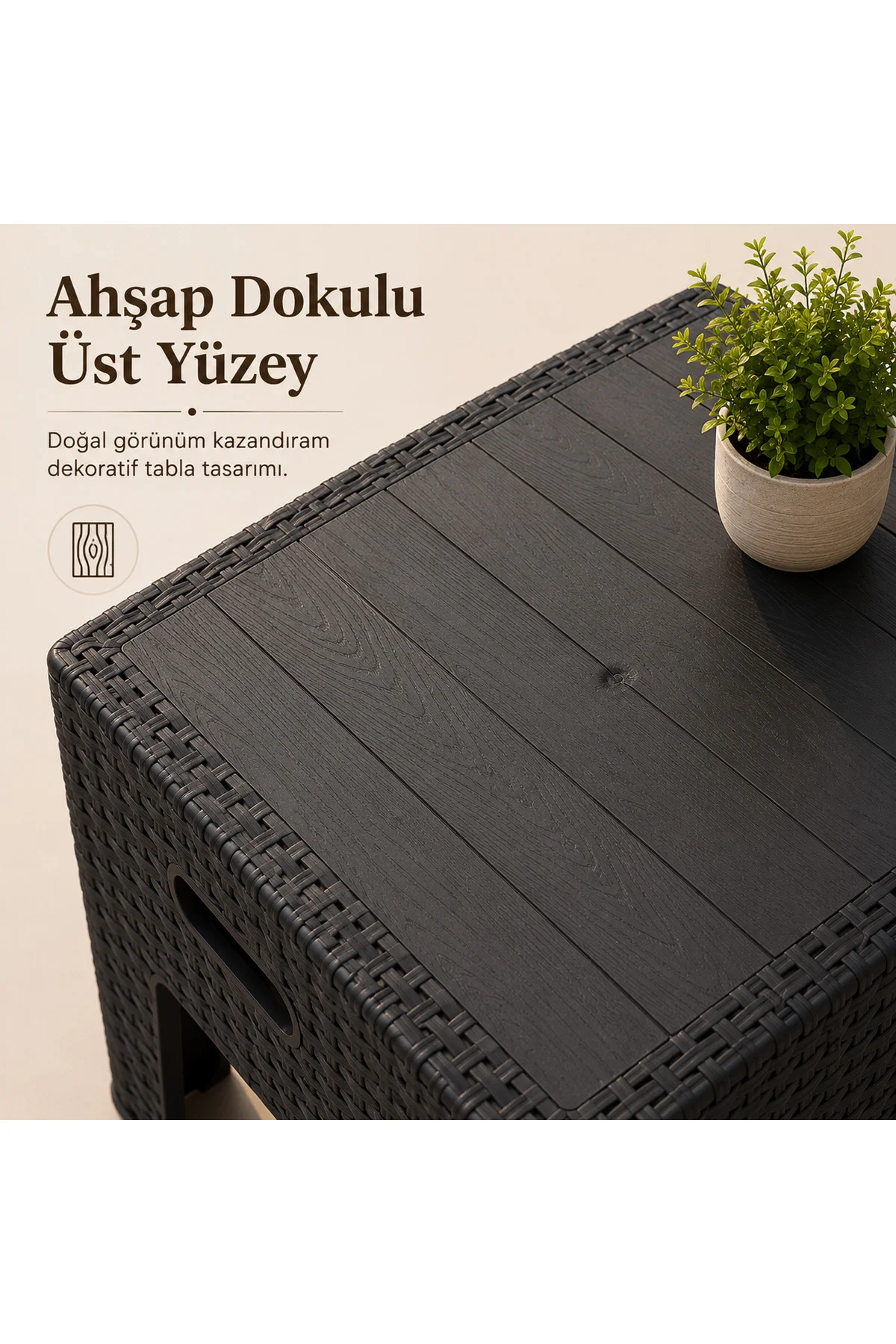 Rattan Desenli Dayanıklı Yan Sehpa | Bahçe, Balkon, Şezlong Sehpası 45x45x42 CM - Antrasit 4