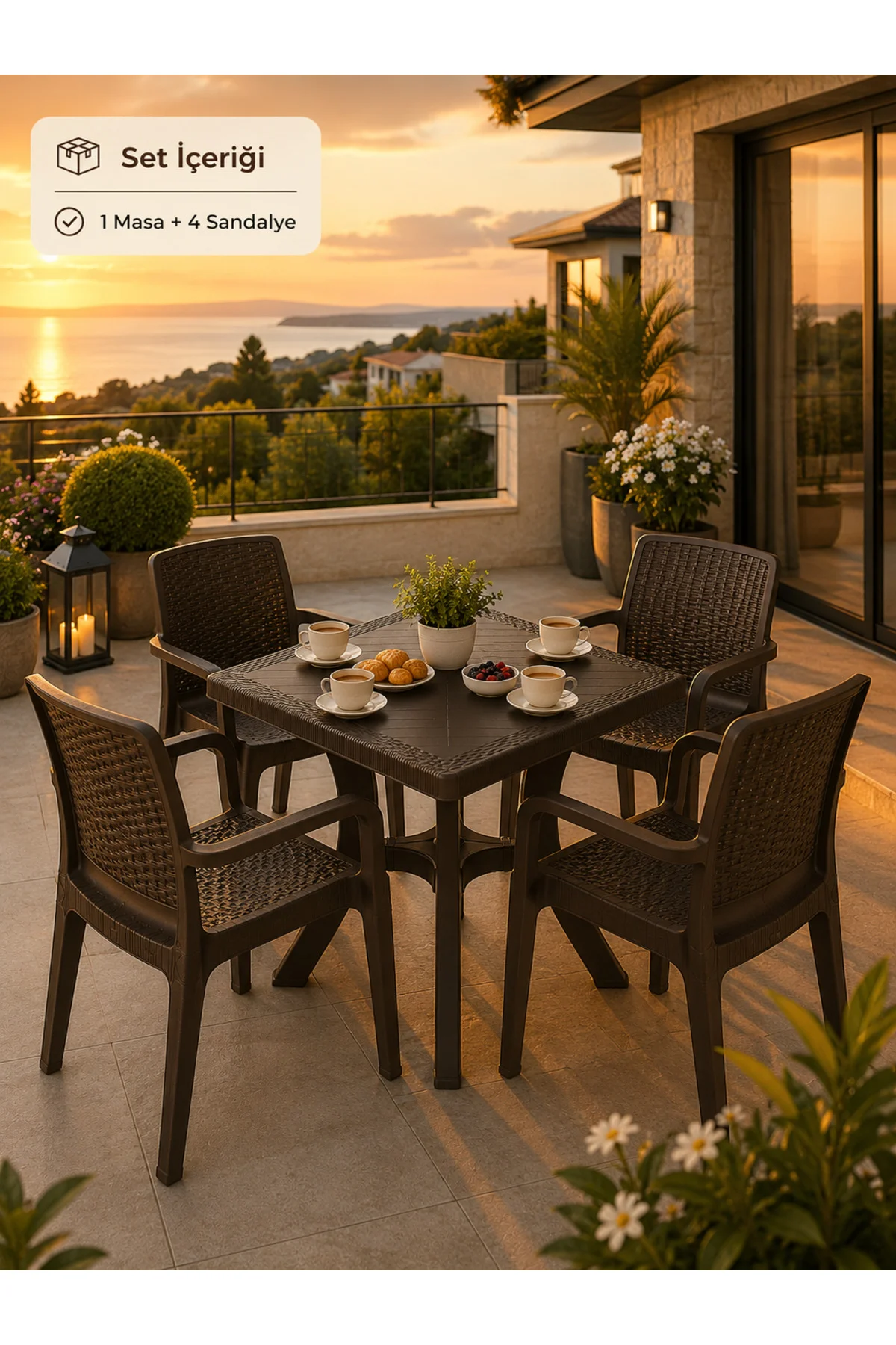Rattan Bahçe & Balkon Masa Sandalye Seti | 70x70 CM Kare Masa + 4 Kollu Sandalye - Kahverengi
