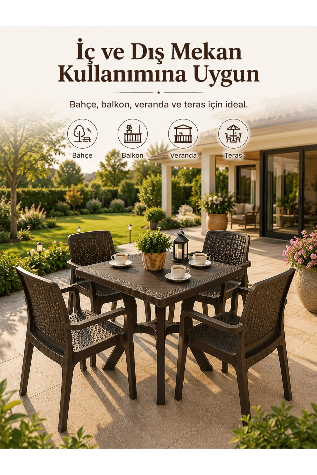 Rattan Bahçe & Balkon Masa Sandalye Seti | 70x70 CM Kare Masa + 4 Kollu Sandalye - Kahverengi 2