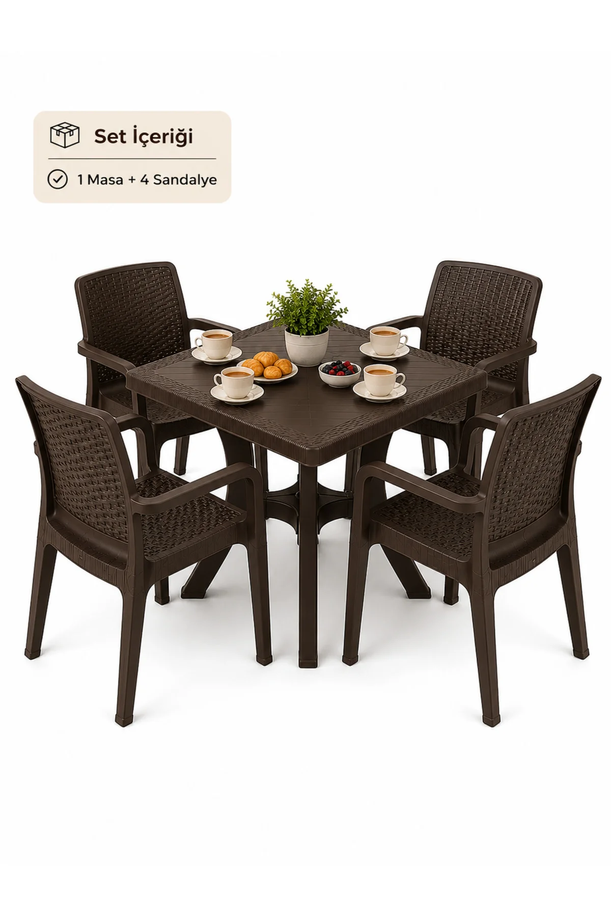 Rattan Bahçe & Balkon Masa Sandalye Seti | 70x70 CM Kare Masa + 4 Kollu Sandalye - Kahverengi 3
