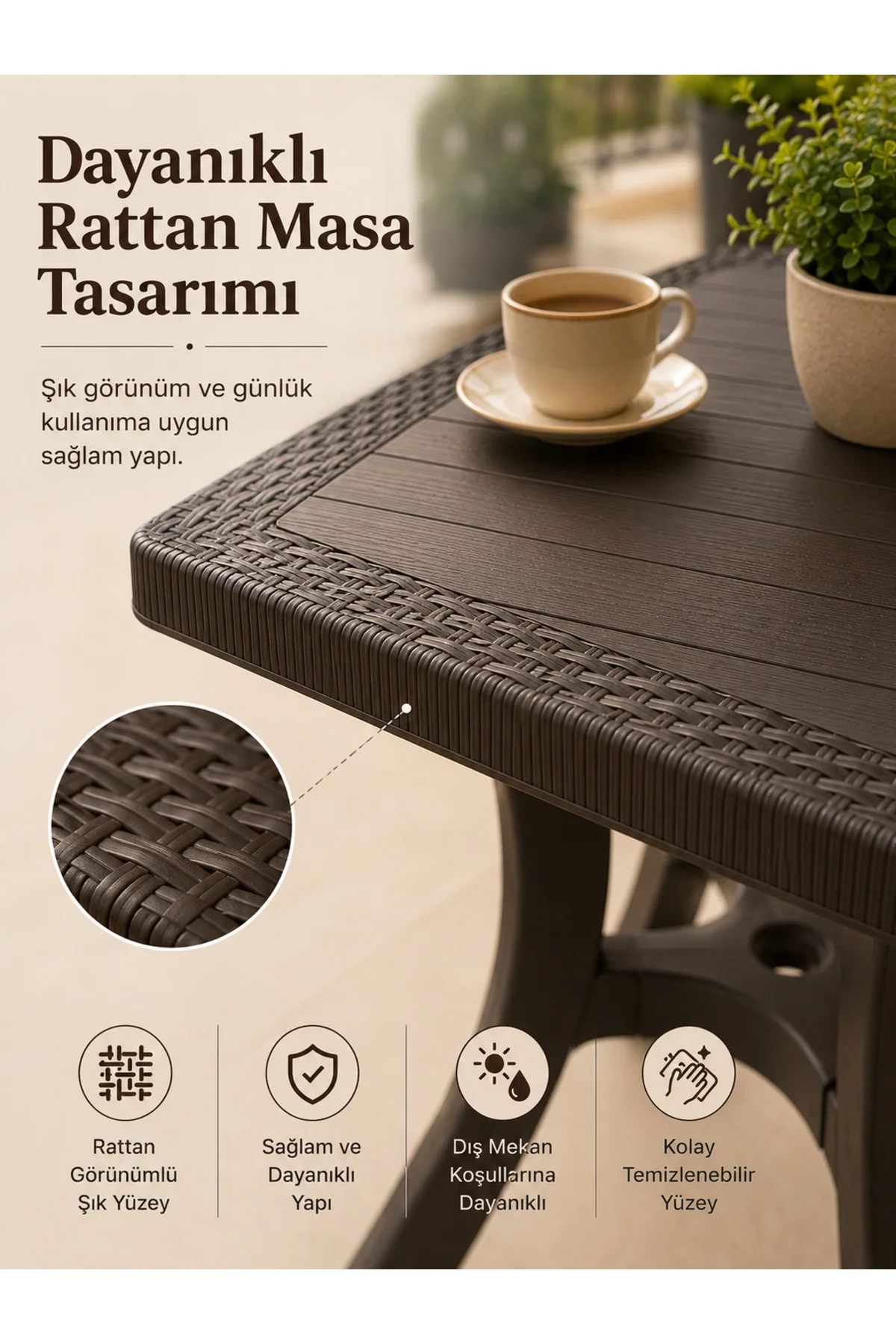 Rattan Bahçe & Balkon Masa Sandalye Seti | 70x70 CM Kare Masa + 4 Kollu Sandalye - Kahverengi 5