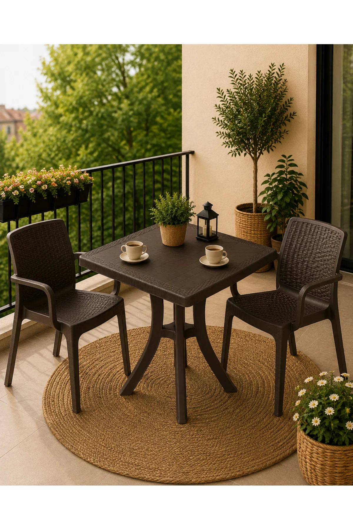 Rattan Bahçe & Balkon Masa Sandalye Seti | 70x70 CM Kare Masa + 2 Adet Sandalye - Kahverengi