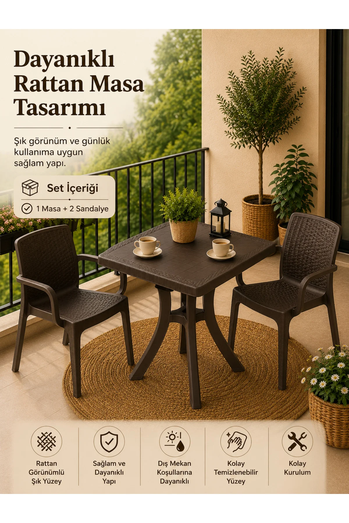 Rattan Bahçe & Balkon Masa Sandalye Seti | 70x70 CM Kare Masa + 2 Adet Sandalye - Kahverengi 2