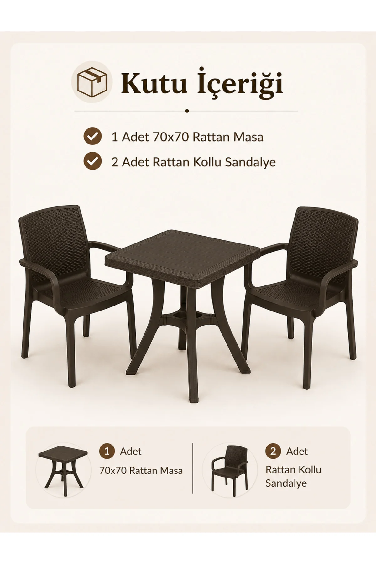 Rattan Bahçe & Balkon Masa Sandalye Seti | 70x70 CM Kare Masa + 2 Adet Sandalye - Kahverengi 3