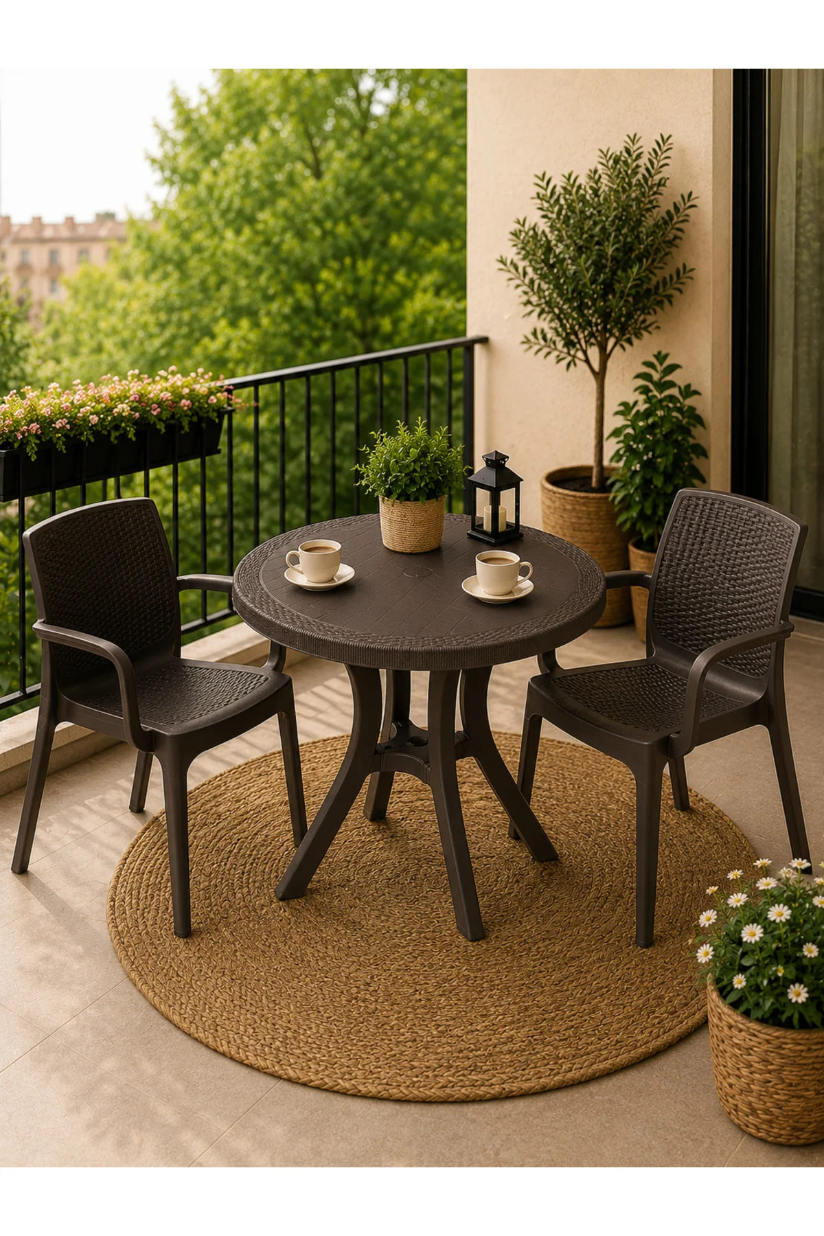 Rattan Bahçe & Balkon Masa Sandalye Seti | 80 CM Yuvarlak Masa + 2 Sandalye - Kahverengi