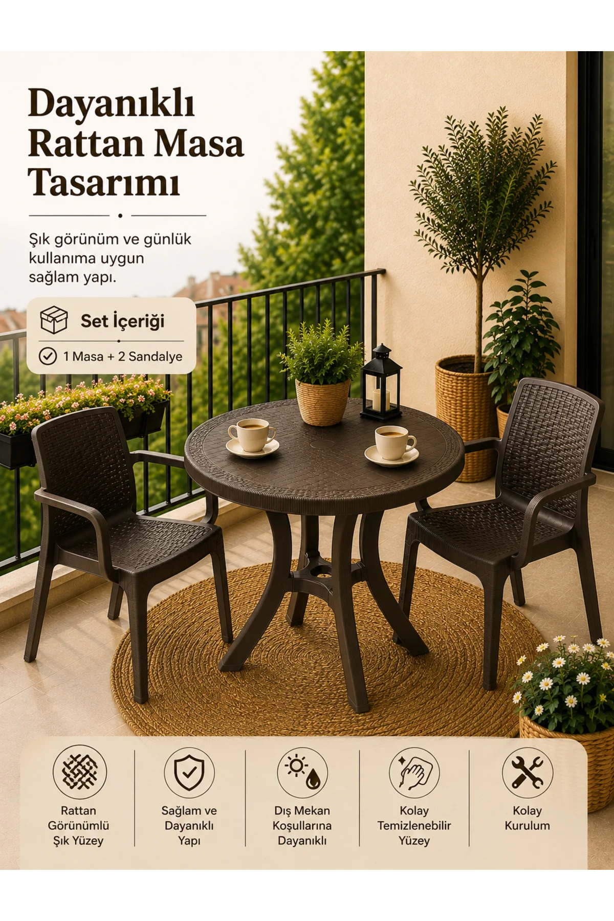 Rattan Bahçe & Balkon Masa Sandalye Seti | 80 CM Yuvarlak Masa + 2 Sandalye - Kahverengi 2