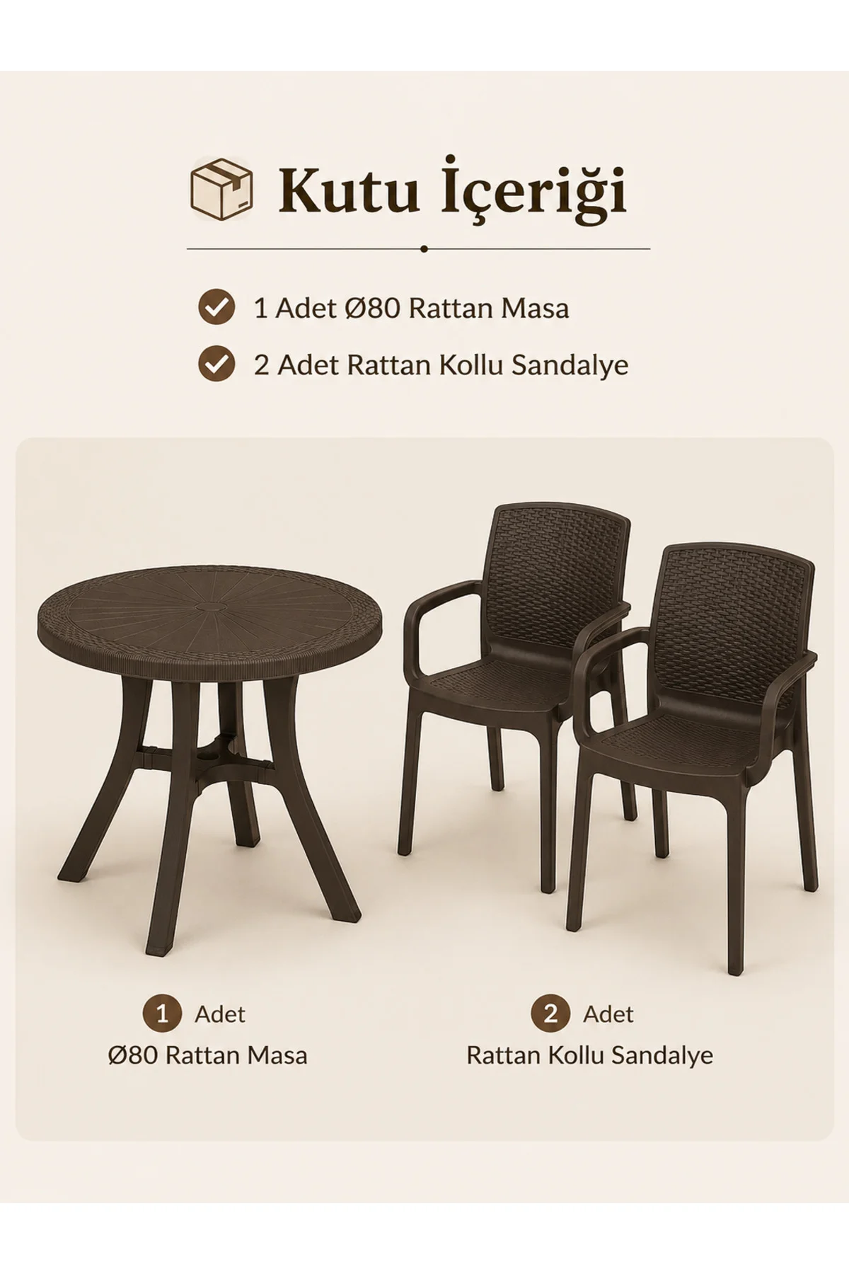 Rattan Bahçe & Balkon Masa Sandalye Seti | 80 CM Yuvarlak Masa + 2 Sandalye - Kahverengi 3