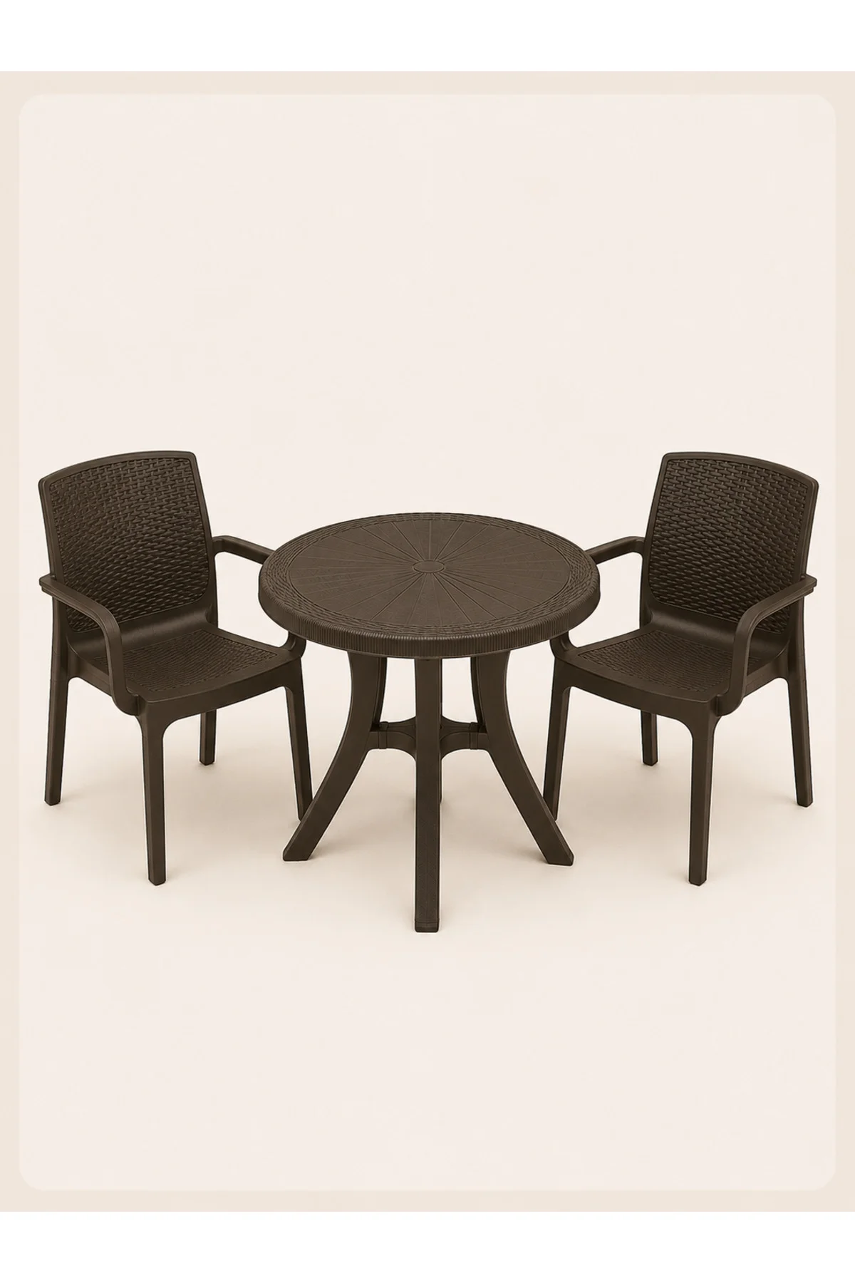 Rattan Bahçe & Balkon Masa Sandalye Seti | 80 CM Yuvarlak Masa + 2 Sandalye - Kahverengi 4