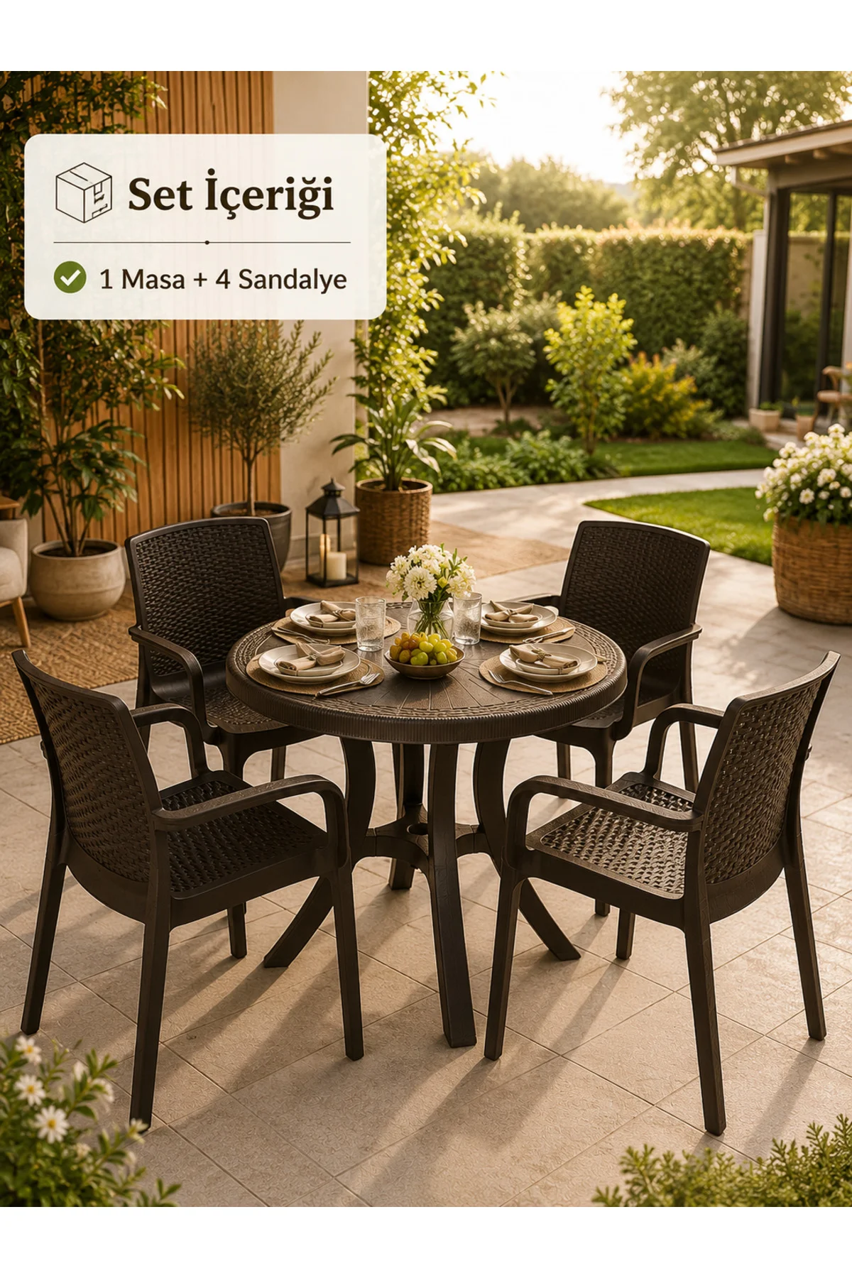 Rattan Bahçe & Balkon Masa Sandalye Seti | 80 CM Yuvarlak Masa + 4 Sandalye - Kahverengi
